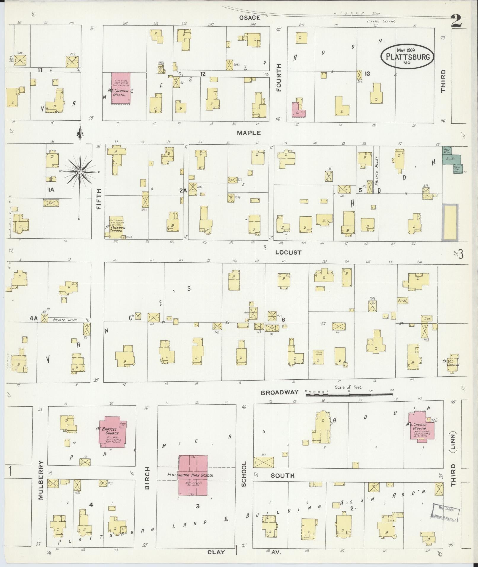 Sanborn Fire Insurance Map from Plattsburg, Clinton County, Missouri (1909), Sheet #0002 - Complete Map Set gallery image, historic Sanborn map, vintage wall art, Missouri Missouri