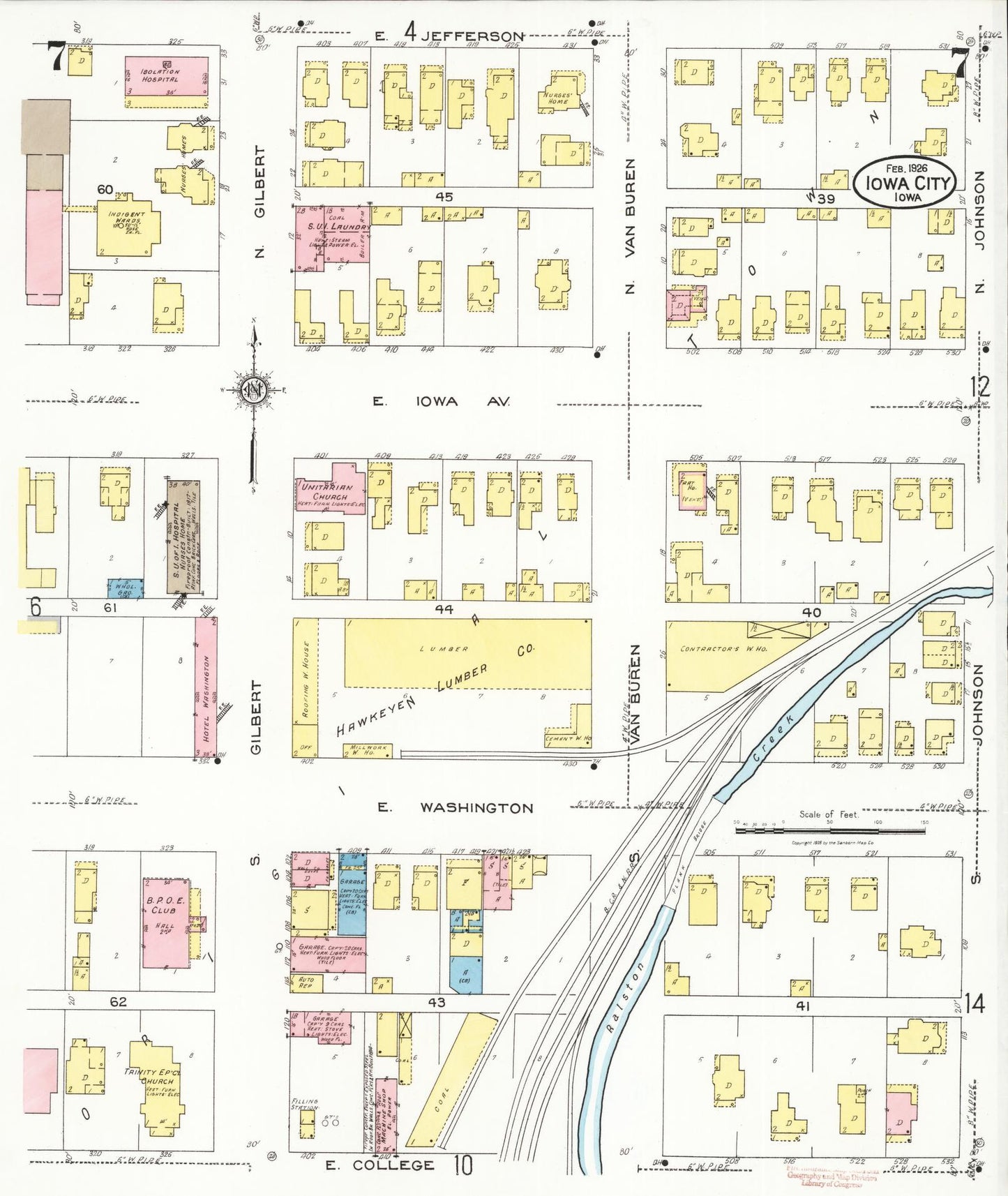 Sanborn Fire Insurance Map from Iowa City, Johnson County, Iowa (1926), Sheet #0007 - Historic Sanborn Fire Insurance Map Print, vintage old map wall art