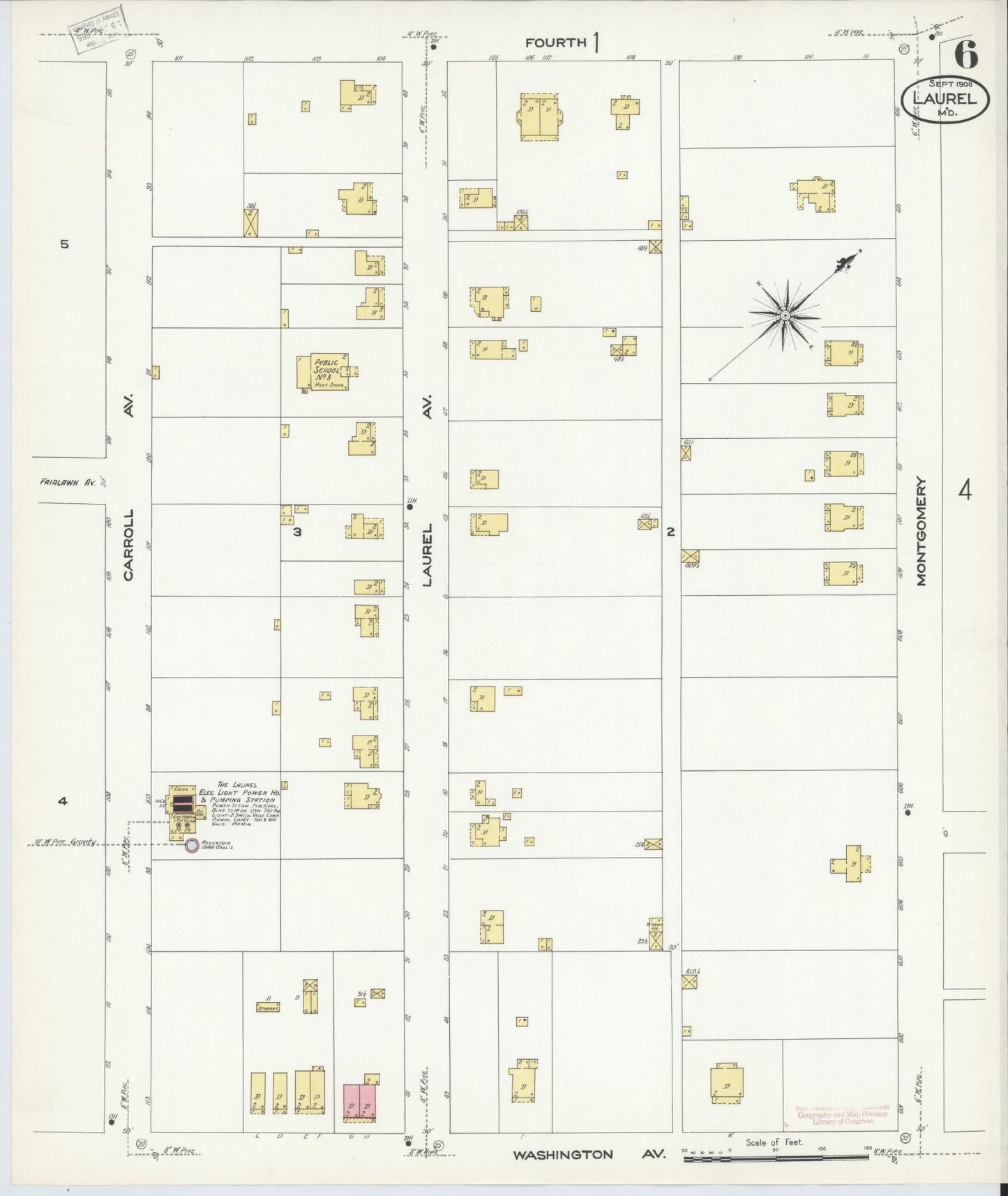 Sanborn Fire Insurance Map from Laurel, Prince Georges County, Maryland (1908), Sheet #0006 - Historic Sanborn Fire Insurance Map Print, vintage old map wall art