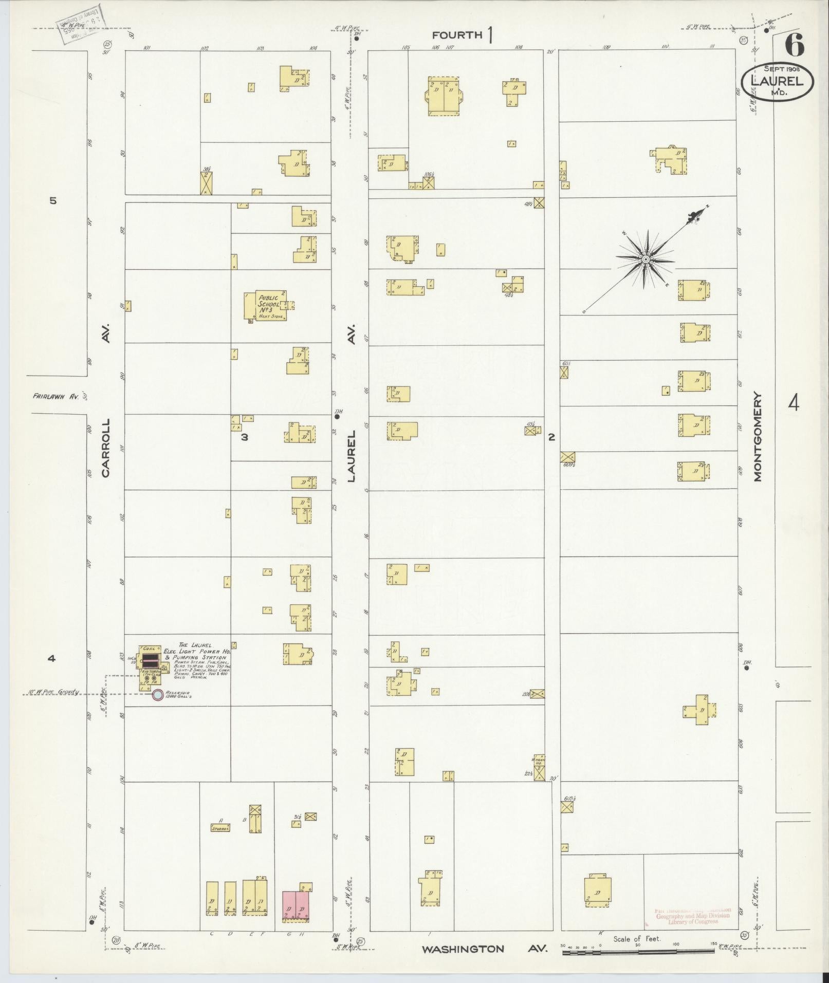 Sanborn Fire Insurance Map from Laurel, Prince Georges County, Maryland (1908), Sheet #0006 - Historic Sanborn Fire Insurance Map Print, vintage old map wall art