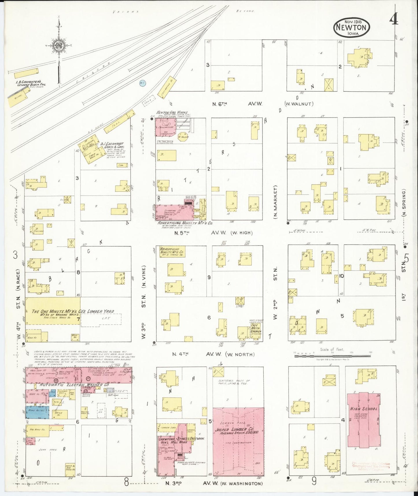 Sanborn Fire Insurance Map from Newton, Jasper County, Iowa (1918), Sheet #0004 - Historic Sanborn Fire Insurance Map Print, vintage old map wall art
