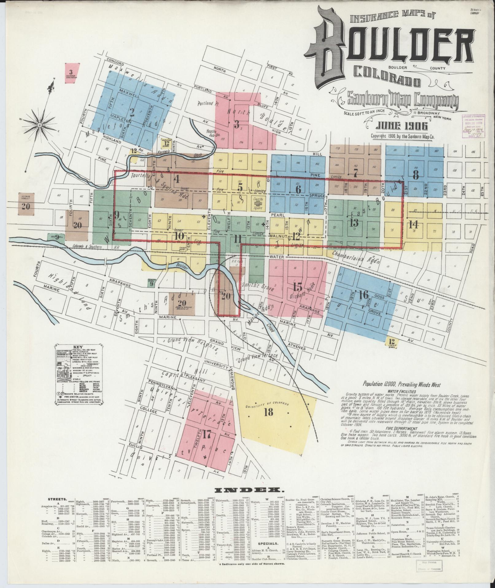 Sanborn Fire Insurance Map from Boulder, Boulder County, Colorado (1906), Sheet #0001 - Historic Sanborn Fire Insurance Map Print, vintage old map wall art, antique decor, genealogy gift, Colorado Colorado map