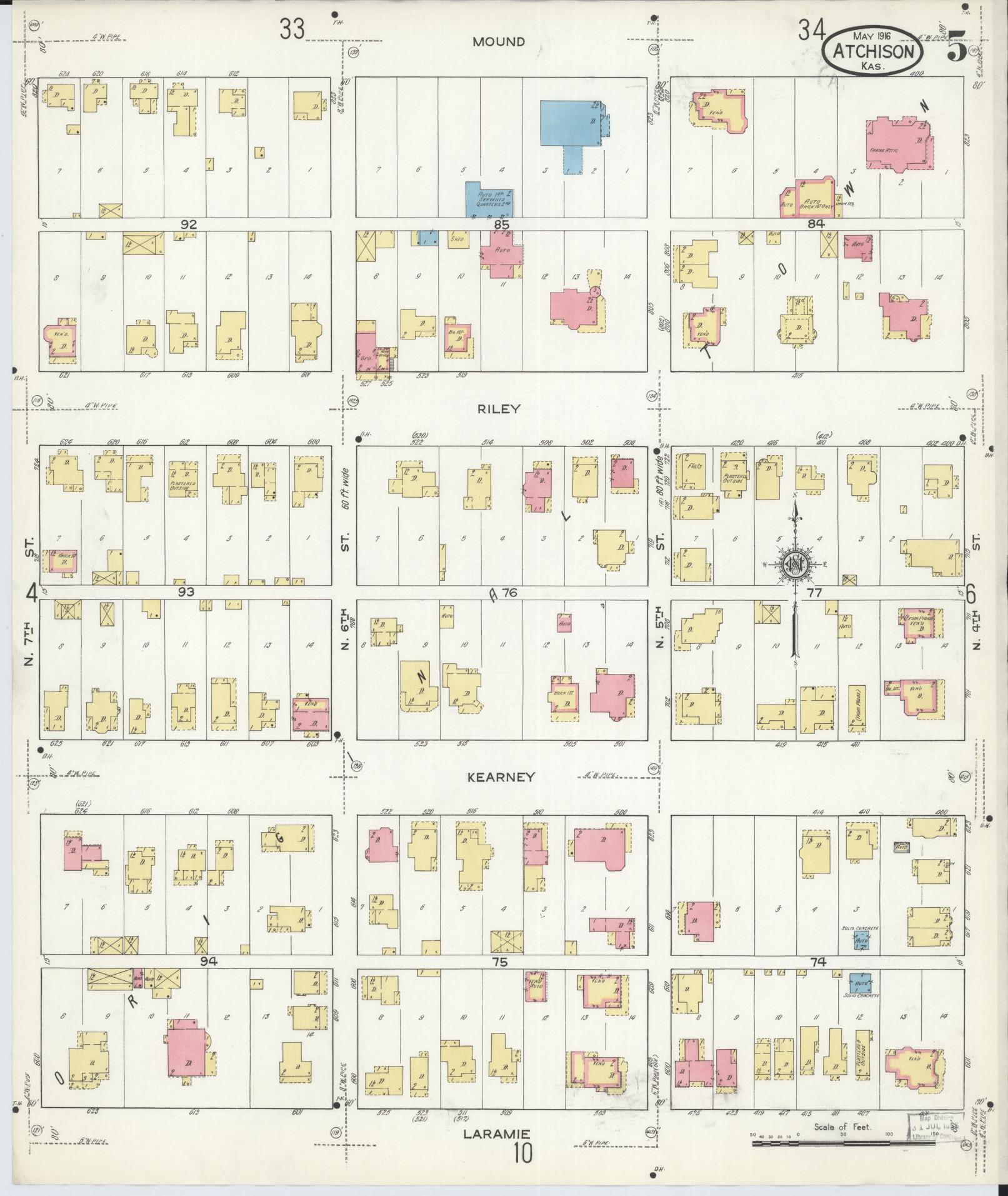 Sanborn Fire Insurance Map from Atchison, Atchison County, Kansas (1916), Sheet #0005 - Historic Sanborn Fire Insurance Map Print, vintage old map wall art, antique decor, genealogy gift, Kansas Kansas map