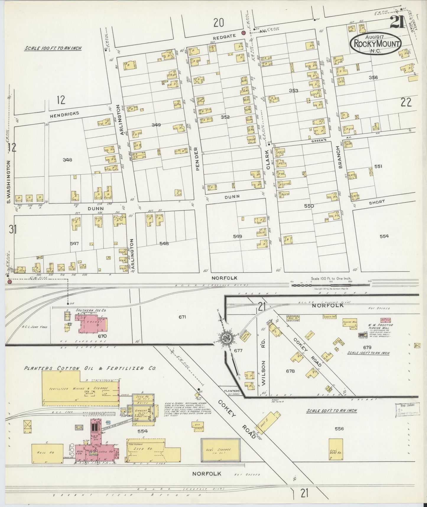 Sanborn Fire Insurance Map from Rocky Mount, Edgecombe And Nash Counties, North Carolina (1917), Sheet #0021 - Complete Map Set gallery image, historic Sanborn map, vintage wall art, North Carolina North Carolina