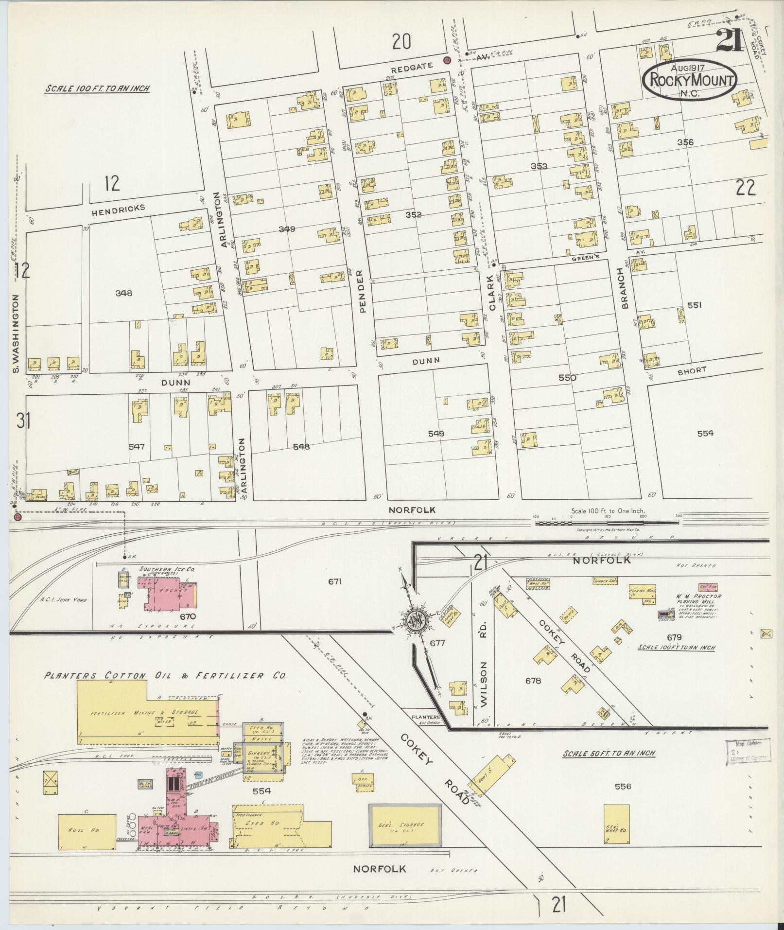 Sanborn Fire Insurance Map from Rocky Mount, Edgecombe And Nash Counties, North Carolina (1917), Sheet #0021 - Complete Map Set gallery image, historic Sanborn map, vintage wall art, North Carolina North Carolina