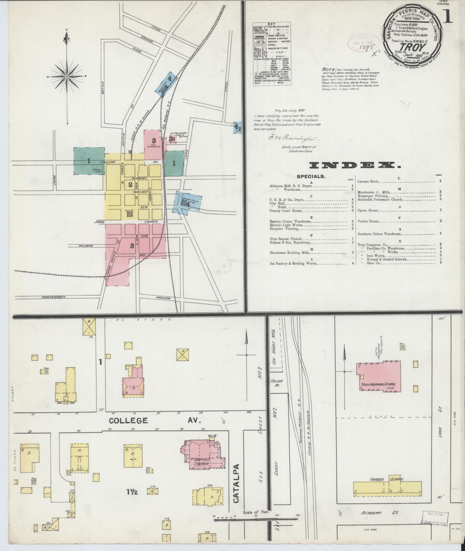Sanborn Fire Insurance Map from Troy, Pike County, Alabama (1892), Sheet #0001 - Complete Map Set gallery image, historic Sanborn map, vintage wall art, Alabama Alabama