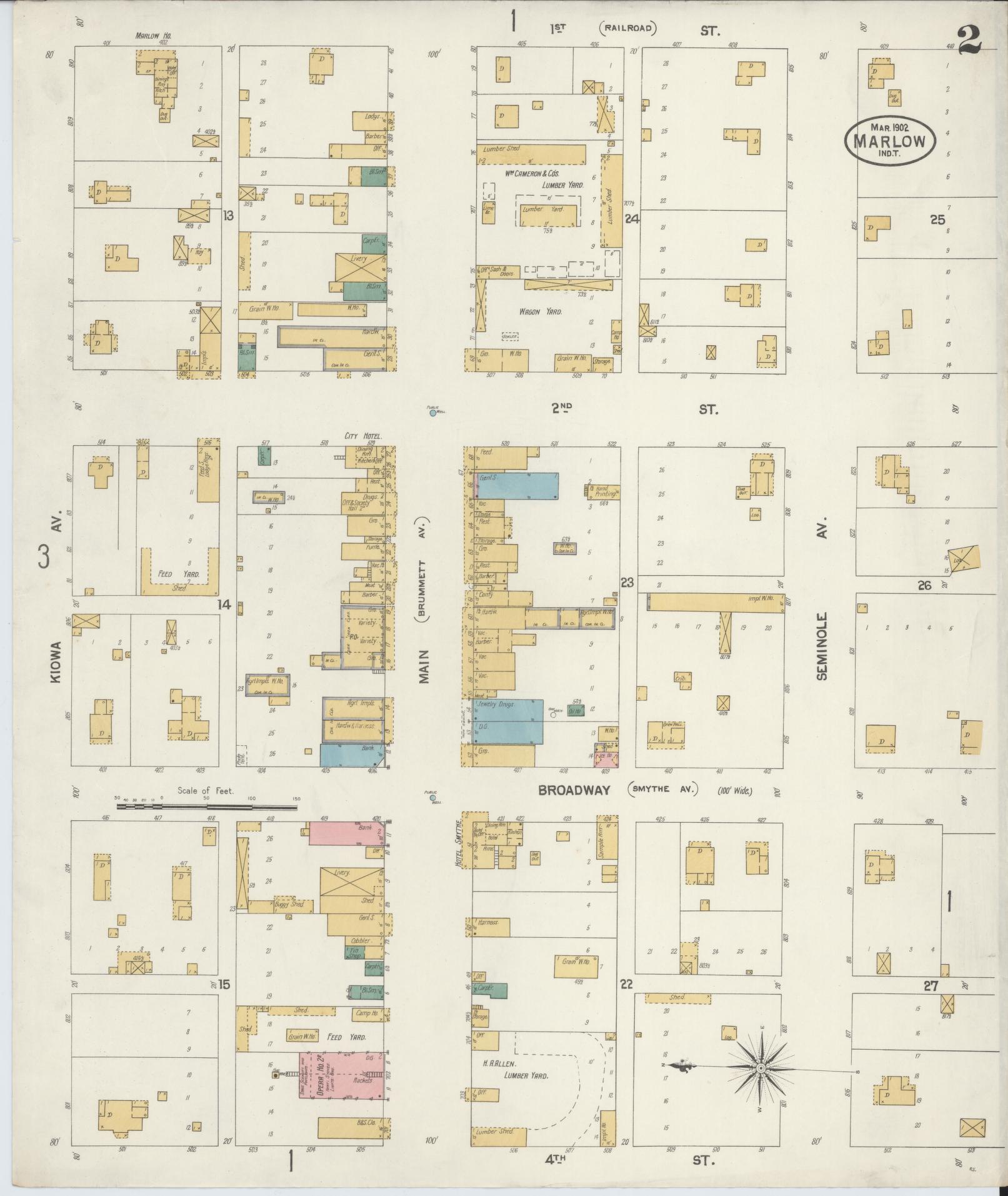 Sanborn Fire Insurance Map from Marlow, Stephens County, Oklahoma (1902), Sheet #0002 - Historic Sanborn Fire Insurance Map Print, vintage old map wall art, antique decor, genealogy gift, Oklahoma Oklahoma map