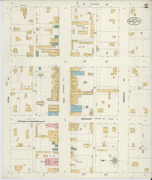 Sanborn Fire Insurance Map from Marlow, Stephens County, Oklahoma (1902), Sheet #0002 - Historic Sanborn Fire Insurance Map Print, vintage old map wall art, antique decor, genealogy gift, Oklahoma Oklahoma map
