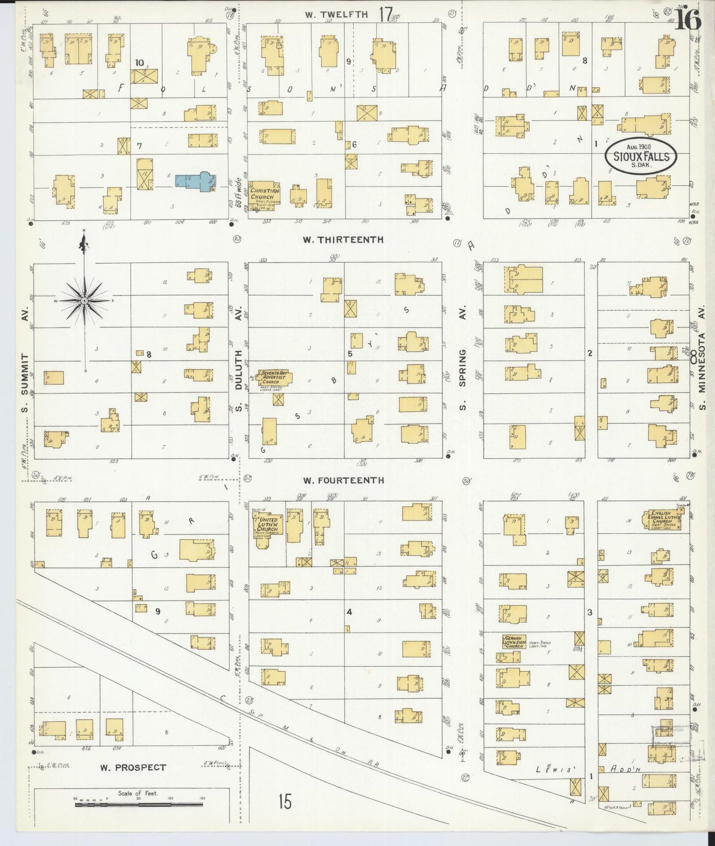 Sanborn Fire Insurance Map from Sioux Falls, Minnehaha County, South Dakota (1908), Sheet #0016 - Complete Map Set gallery image, historic Sanborn map, vintage wall art, South Dakota South Dakota