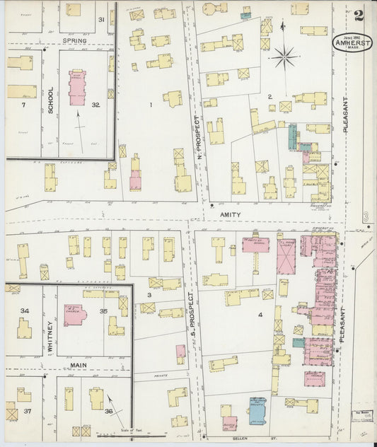 Sanborn Fire Insurance Map from Amherst, Hampshire County, Massachusetts (1892), Sheet #0002 - Historic Sanborn Fire Insurance Map Print, vintage old map wall art, antique decor, genealogy gift, Massachusetts Massachusetts map