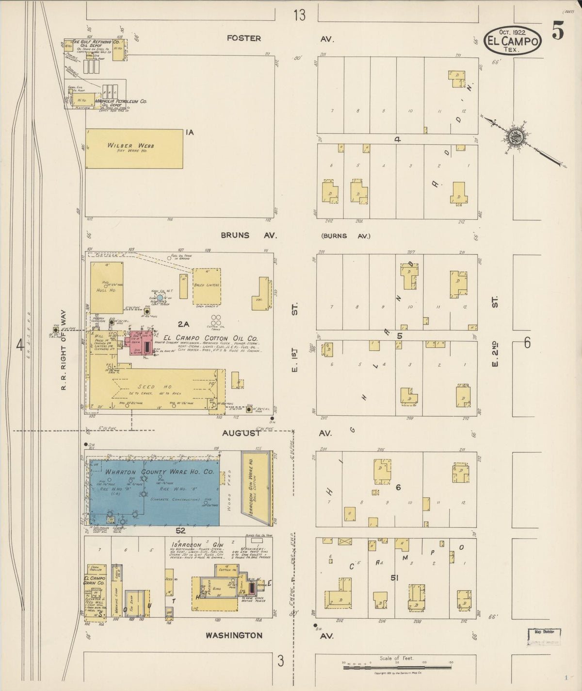 Sanborn Fire Insurance Map from El Campo, Wharton County, Texas (1922), Sheet #0005 - Complete Map Set gallery image, historic Sanborn map, vintage wall art, Texas Texas
