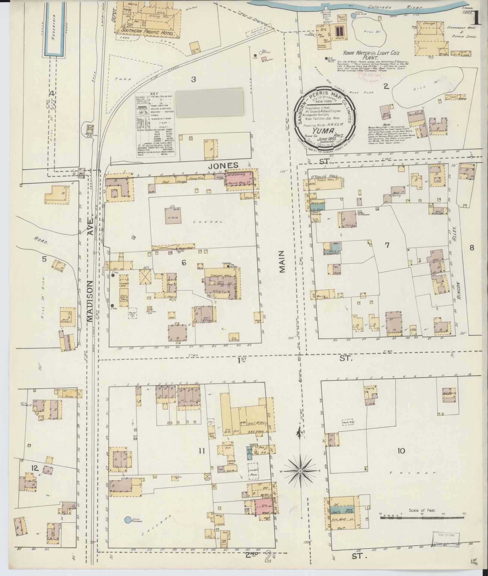 Sanborn Fire Insurance Map from Yuma, Yuma County, Arizona (1893), Sheet #0001 - Complete Map Set gallery image, historic Sanborn map, vintage wall art, Arizona Arizona