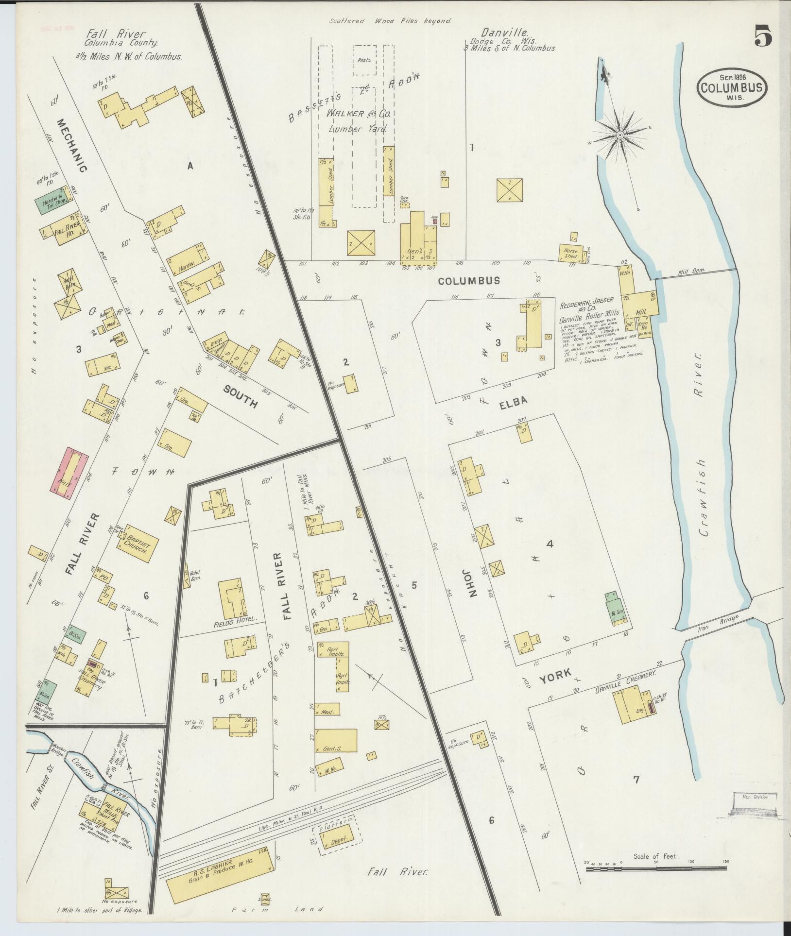 Sanborn Fire Insurance Map from Columbus, Columbia and Dodge County, Wisconsin (1898), Sheet #0005 - Historic Sanborn Fire Insurance Map Print, vintage old map wall art, antique decor, genealogy gift, Wisconsin Wisconsin map