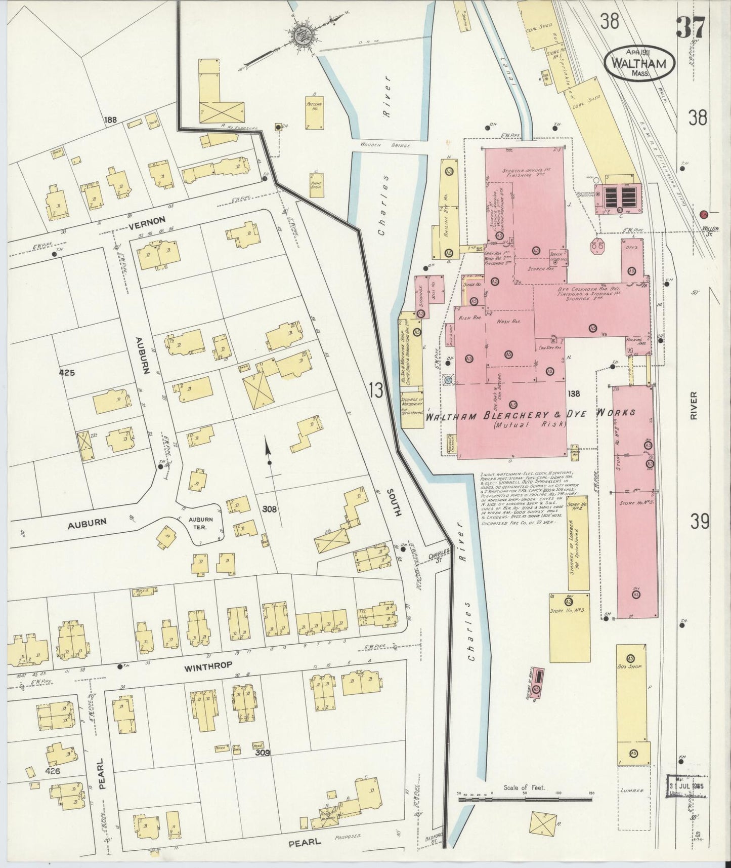 Sanborn Fire Insurance Map from Waltham, Middlesex County, Massachusetts (1911), Sheet #0037 - Complete Map Set gallery image, historic Sanborn map, vintage wall art, Massachusetts Massachusetts