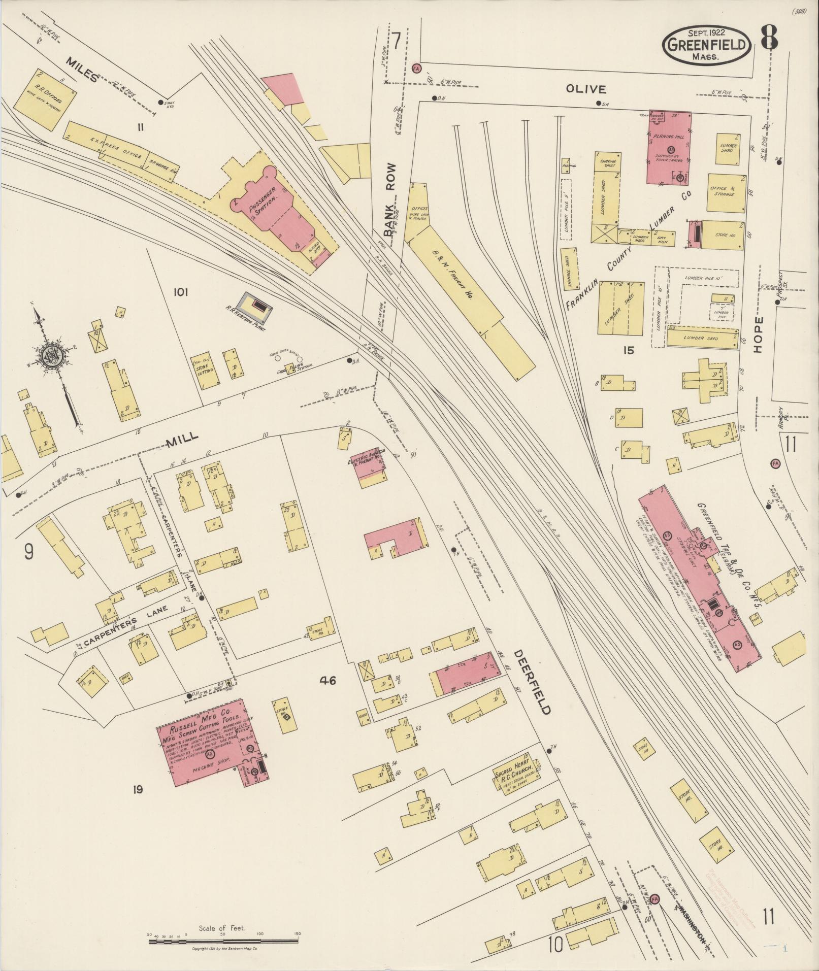 Sanborn Fire Insurance Map from Greenfield, Franklin County, Massachusetts (1922), Sheet #0008 - Historic Sanborn Fire Insurance Map Print, vintage old map wall art, antique decor, genealogy gift, Massachusetts Massachusetts map