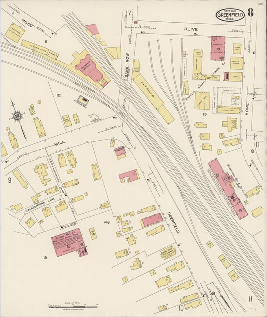 Sanborn Fire Insurance Map from Greenfield, Franklin County, Massachusetts (1922), Sheet #0008 - Historic Sanborn Fire Insurance Map Print, vintage old map wall art, antique decor, genealogy gift, Massachusetts Massachusetts map