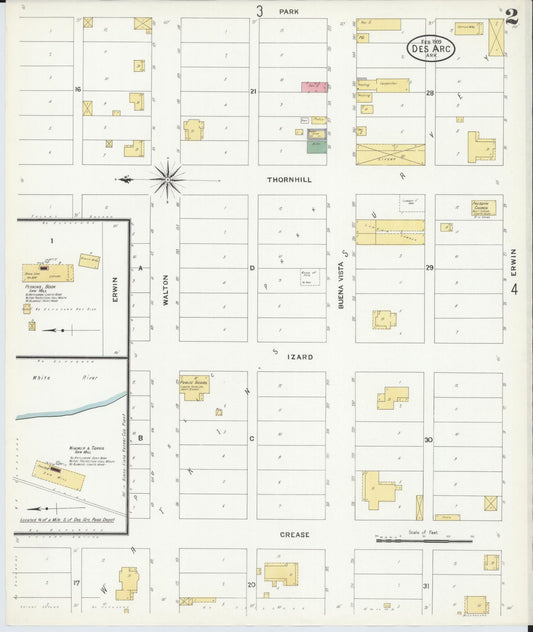 Sanborn Fire Insurance Map from Des Arc, Prarrie County, Arkansas (1909), Sheet #0002 - Historic Sanborn Fire Insurance Map Print, vintage old map wall art, antique decor, genealogy gift, Arkansas Arkansas map