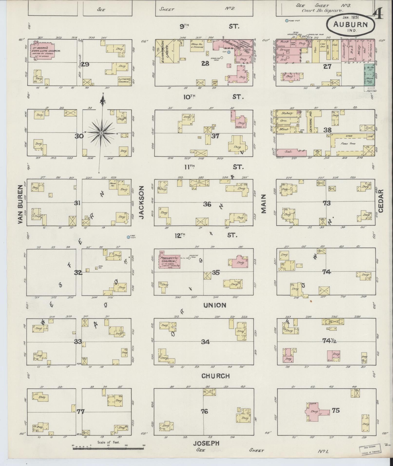 Sanborn Fire Insurance Map from Auburn, De Kalb County, Indiana (1891), Sheet #0004 - Historic Sanborn Fire Insurance Map Print, vintage old map wall art, antique decor, genealogy gift, Indiana Indiana map