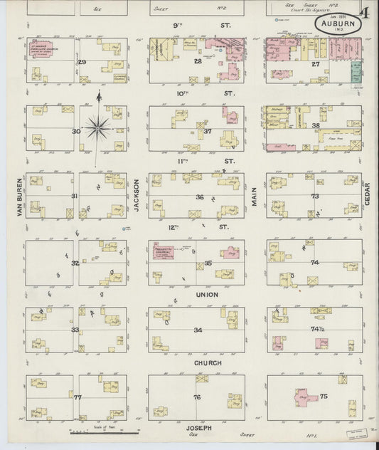 Sanborn Fire Insurance Map from Auburn, De Kalb County, Indiana (1891), Sheet #0004 - Historic Sanborn Fire Insurance Map Print, vintage old map wall art, antique decor, genealogy gift, Indiana Indiana map