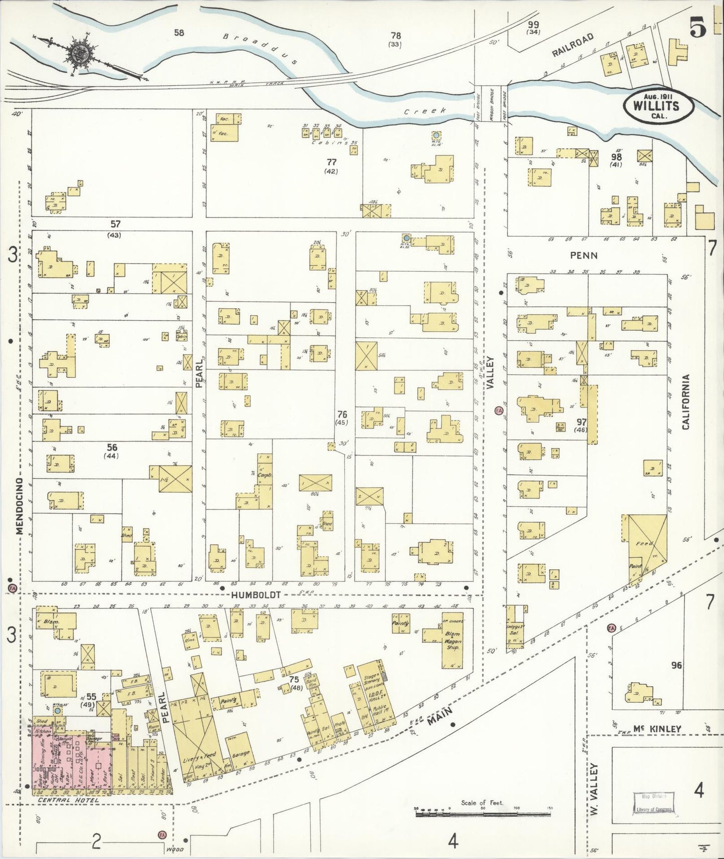 Sanborn Fire Insurance Map from Willits, Mendocino County, California (1911), Sheet #0005 - Complete Map Set gallery image, historic Sanborn map, vintage wall art, California California
