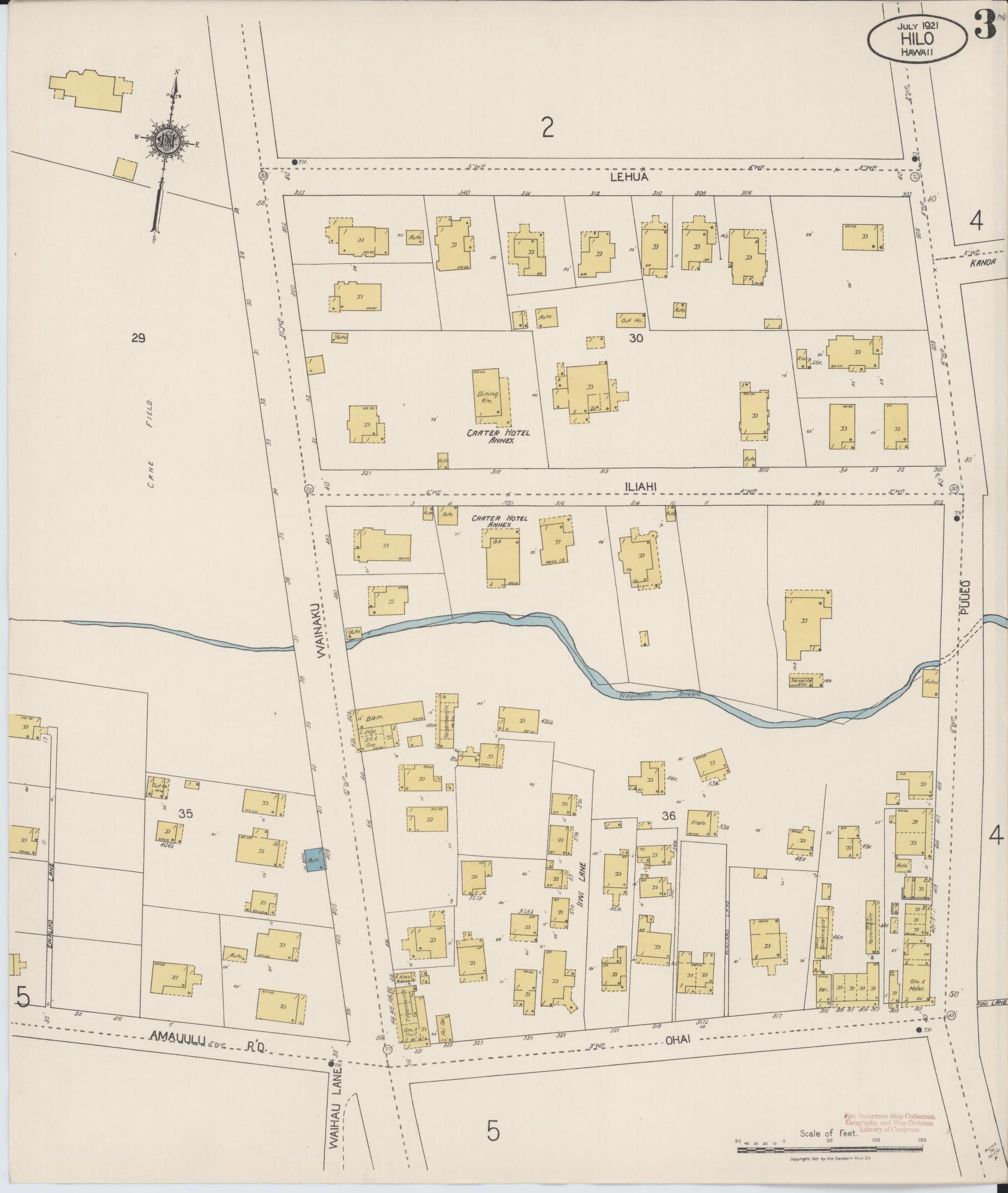 Sanborn Fire Insurance Map from Hilo, Hawaii County, Hawaii (1921), Sheet #0003 - Historic Sanborn Fire Insurance Map Print, vintage old map wall art