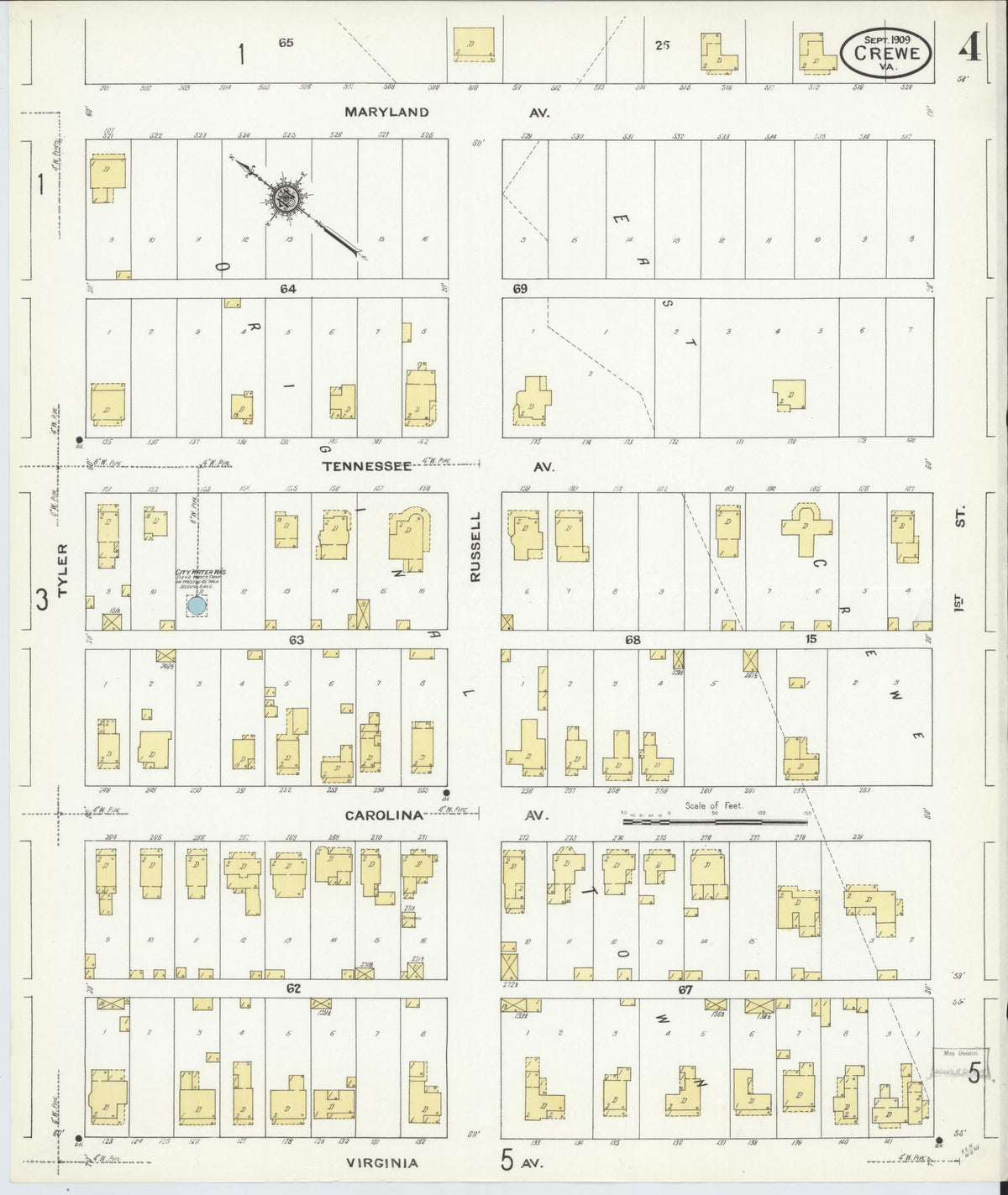 Sanborn Fire Insurance Map from Crewe, Nottoway County, Virginia (1909), Sheet #0004 - Complete Map Set gallery image, historic Sanborn map, vintage wall art, Virginia Virginia