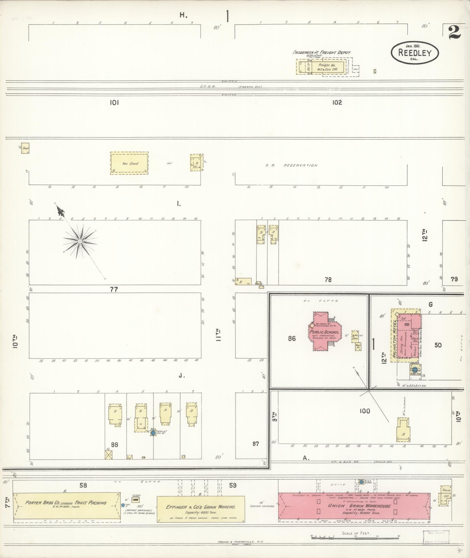 Sanborn Fire Insurance Map from Reedley, Fresno County, California (1901), Sheet #0002 - Complete Map Set gallery image, historic Sanborn map, vintage wall art, California California