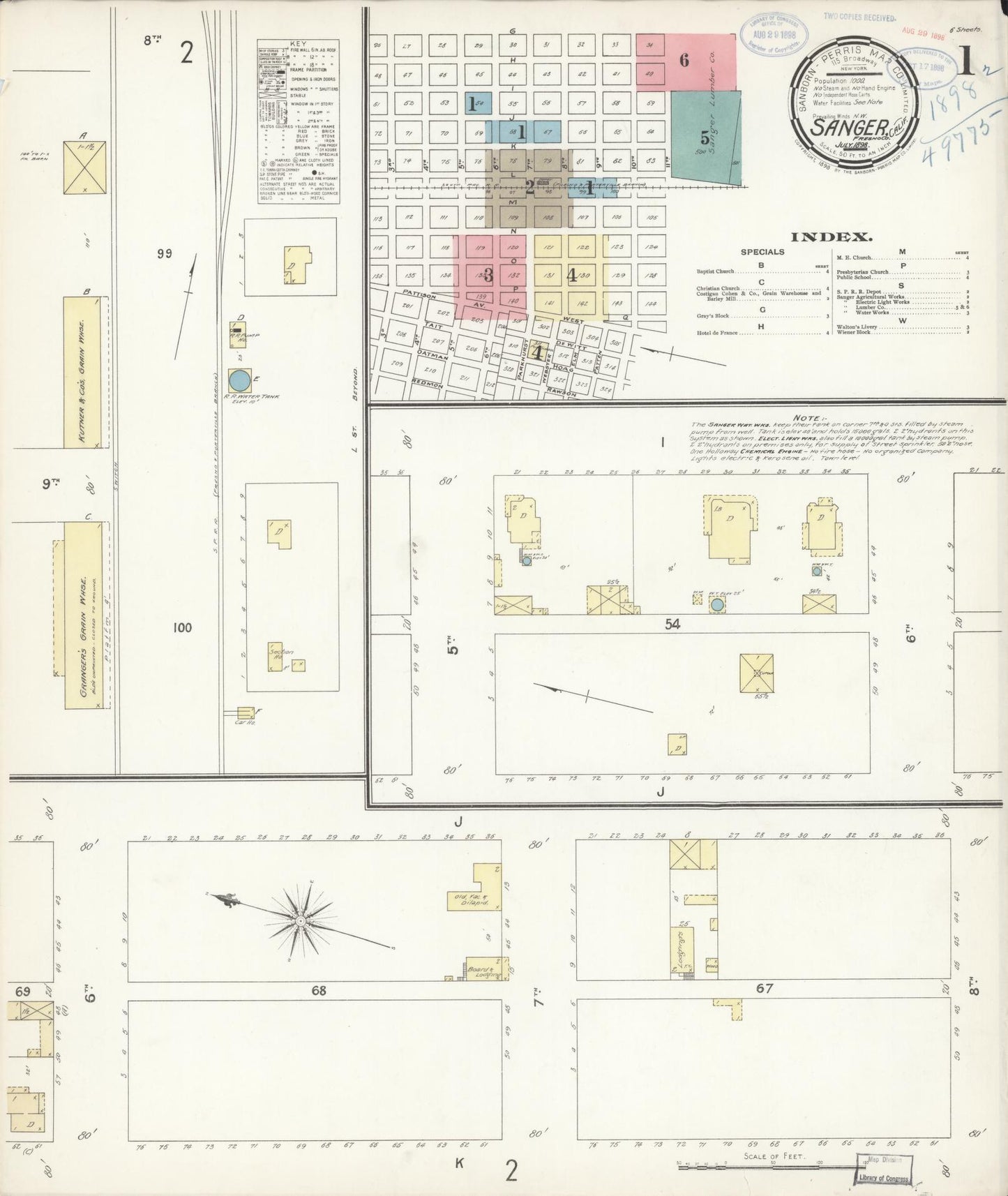 Sanborn Fire Insurance Map from Sanger, Fresno County, California (1898), Sheet #0001 - Complete Map Set gallery image, historic Sanborn map, vintage wall art, California California