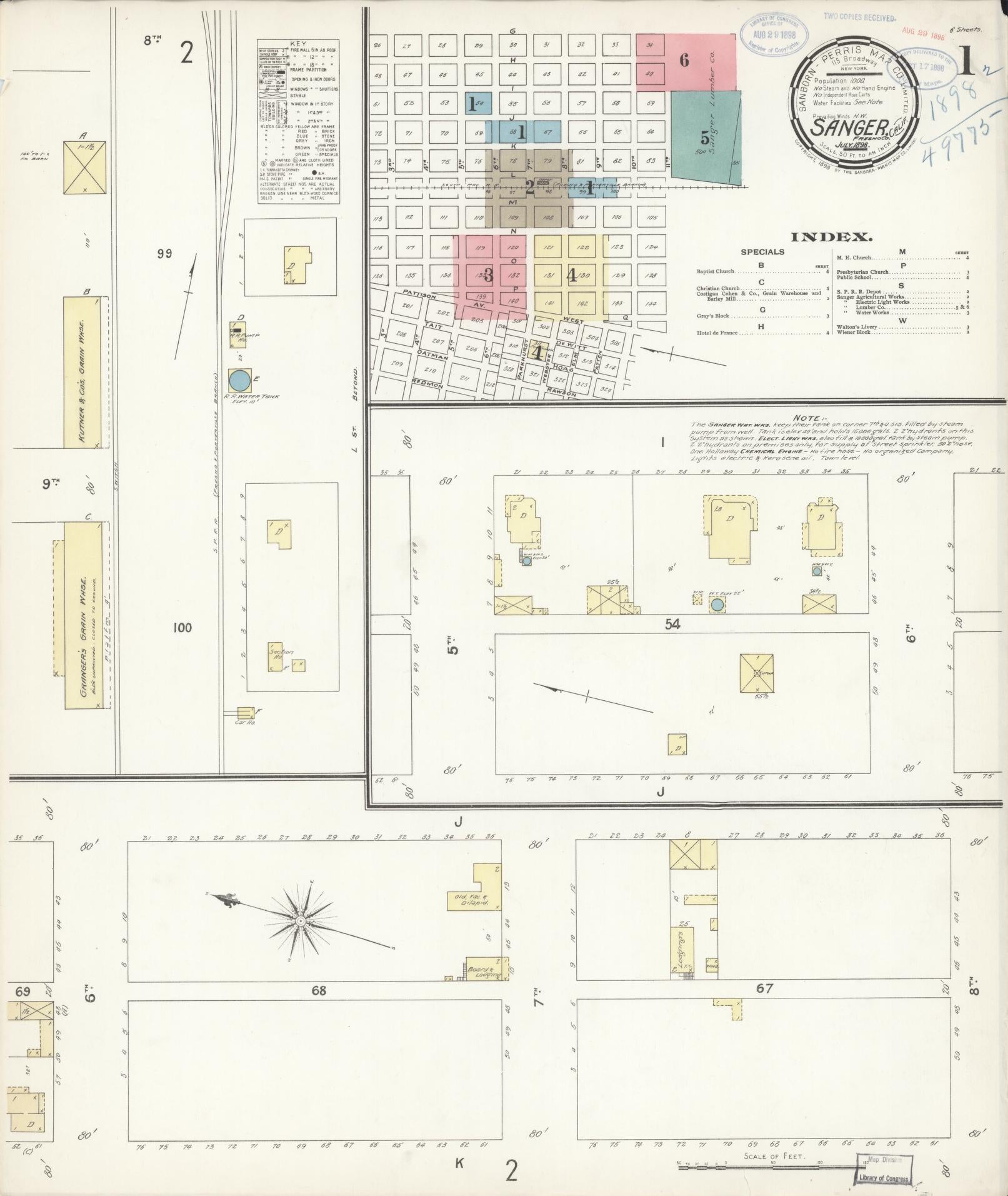 Sanborn Fire Insurance Map from Sanger, Fresno County, California (1898), Sheet #0001 - Complete Map Set gallery image, historic Sanborn map, vintage wall art, California California