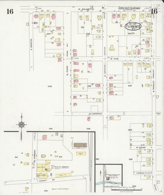 Sanborn Fire Insurance Map from Florence, Florence County, South Carolina (1924), Sheet #0016 - Historic Sanborn Fire Insurance Map Print, vintage old map wall art, antique decor, genealogy gift, South Carolina South Carolina map
