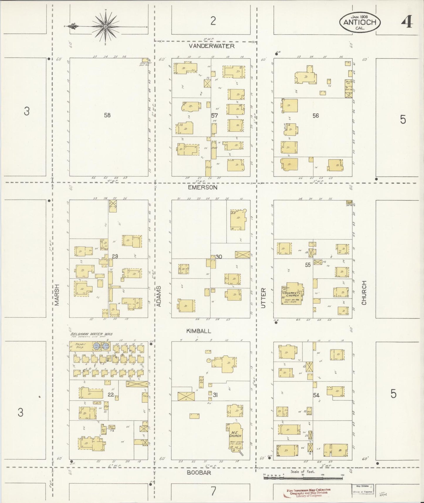 Sanborn Fire Insurance Map from Antioch, Contra Costa County, California (1908), Sheet #0004 - Historic Sanborn Fire Insurance Map Print, vintage old map wall art, antique decor, genealogy gift, California California map