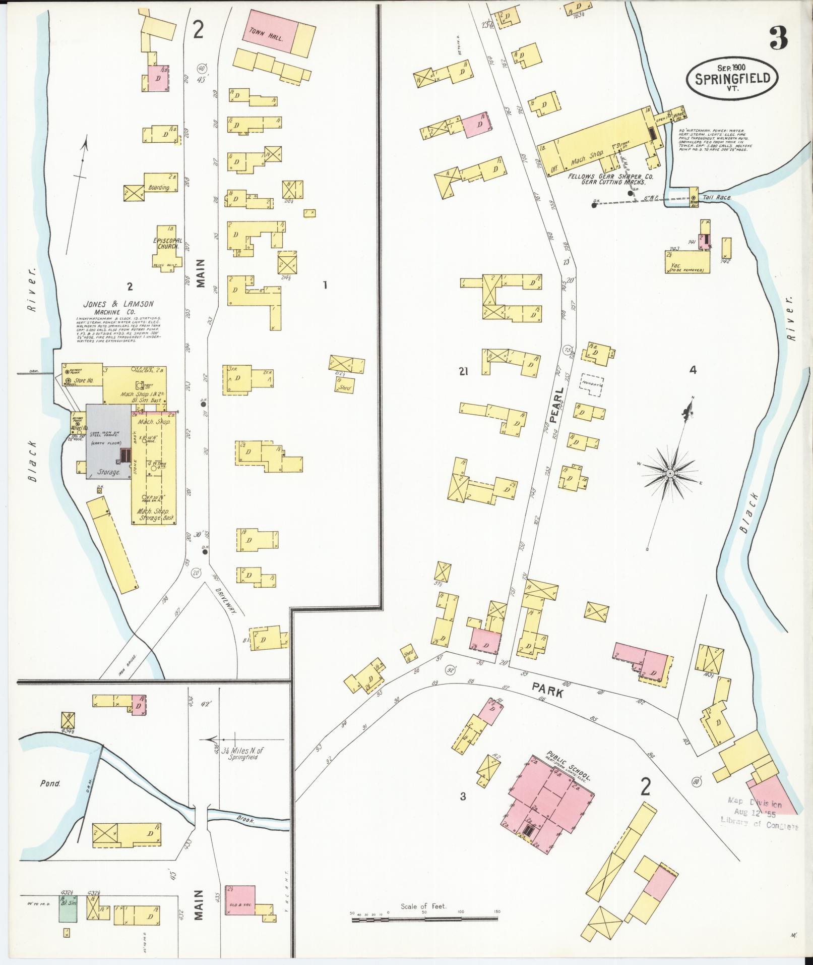 Sanborn Fire Insurance Map from Springfield, Windsor County, Vermont (1900), Sheet #0003 - Historic Sanborn Fire Insurance Map Print, vintage old map wall art, antique decor, genealogy gift, Vermont Vermont map