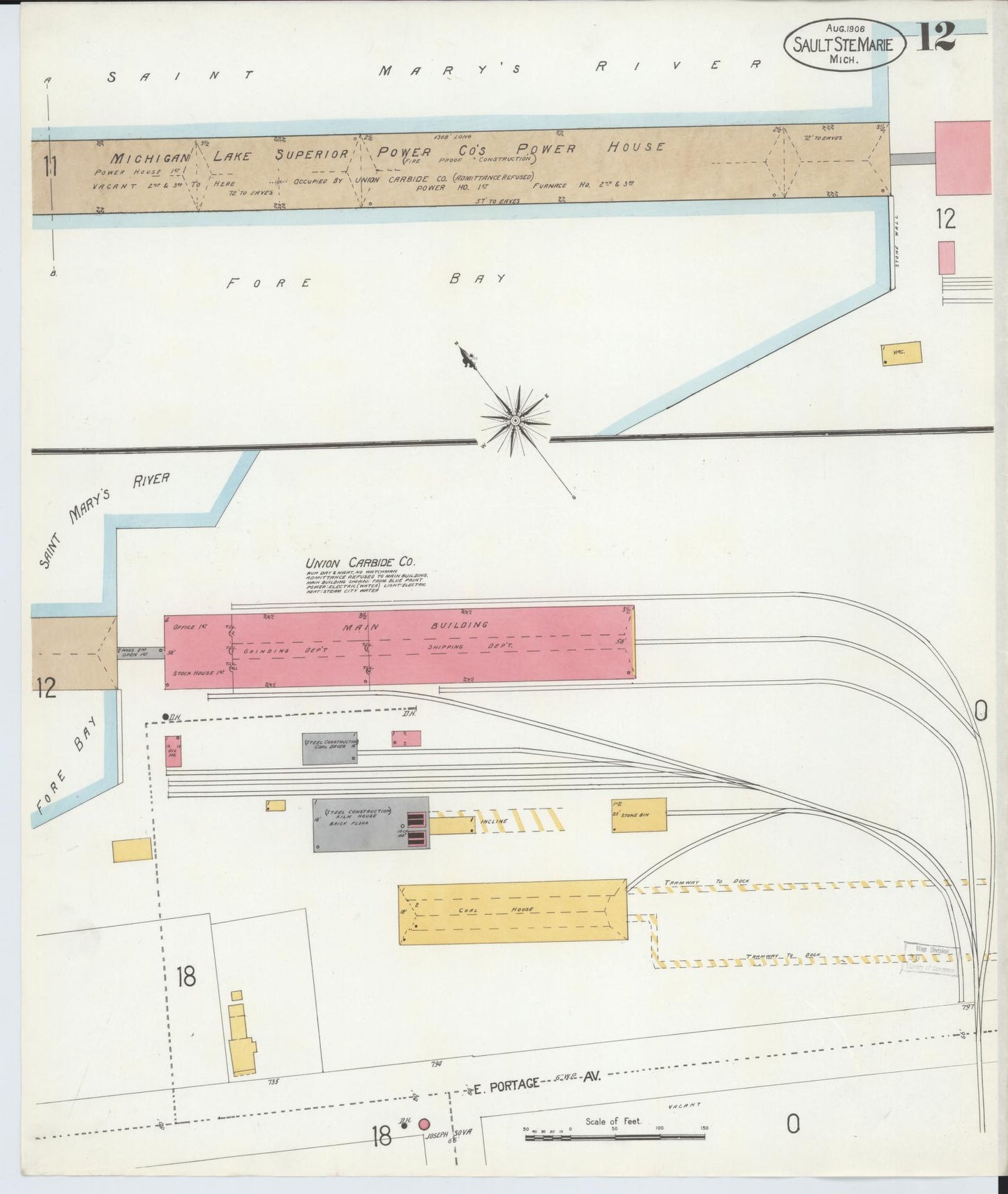 Sanborn Fire Insurance Map from Sault Sainte Marie, Chippewa County, Michigan (1906), Sheet #0012 - Complete Map Set gallery image, historic Sanborn map, vintage wall art, Michigan Michigan