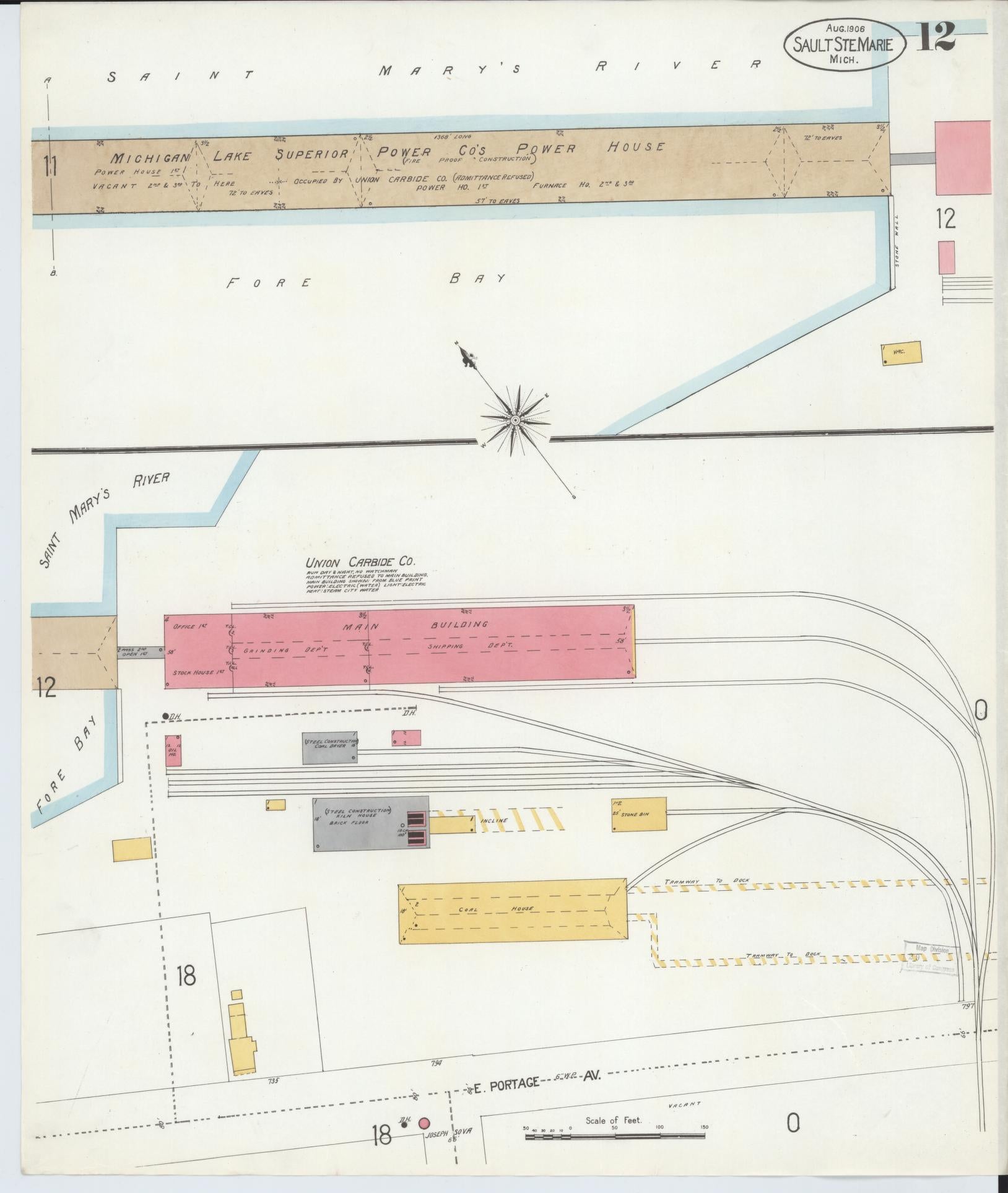 Sanborn Fire Insurance Map from Sault Sainte Marie, Chippewa County, Michigan (1906), Sheet #0012 - Complete Map Set gallery image, historic Sanborn map, vintage wall art, Michigan Michigan