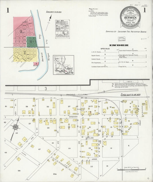 Sanborn Fire Insurance Map from Berwick, Saint Mary Parish, Louisiana (1906), Sheet #0001 - Historic Sanborn Fire Insurance Map Print, vintage old map wall art, antique decor, genealogy gift, Louisiana Louisiana map