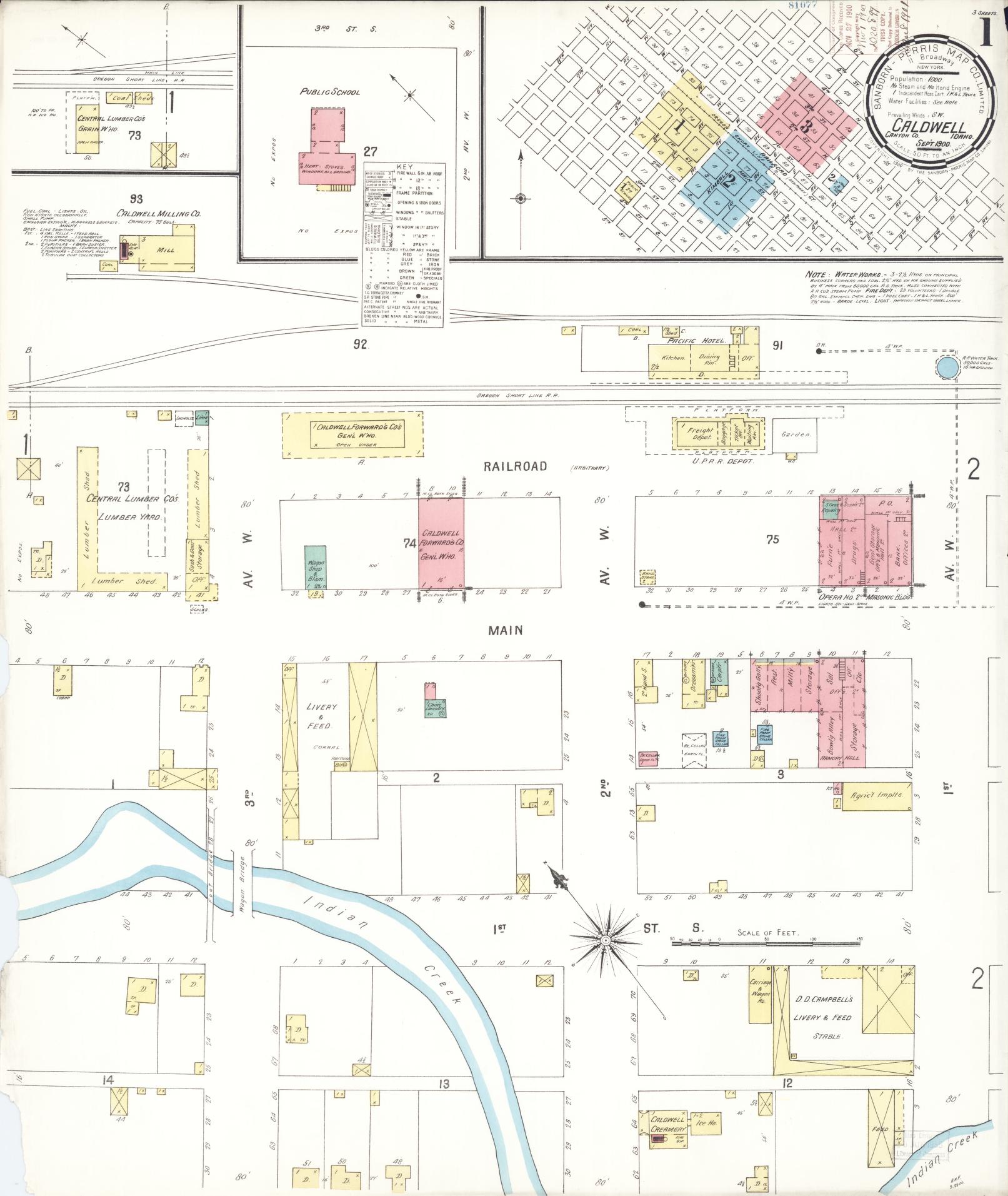 Sanborn Fire Insurance Map from Caldwell, Canyon County, Idaho (1900), Sheet #0001 - Historic Sanborn Fire Insurance Map Print, vintage old map wall art, antique decor, genealogy gift, Idaho Idaho map