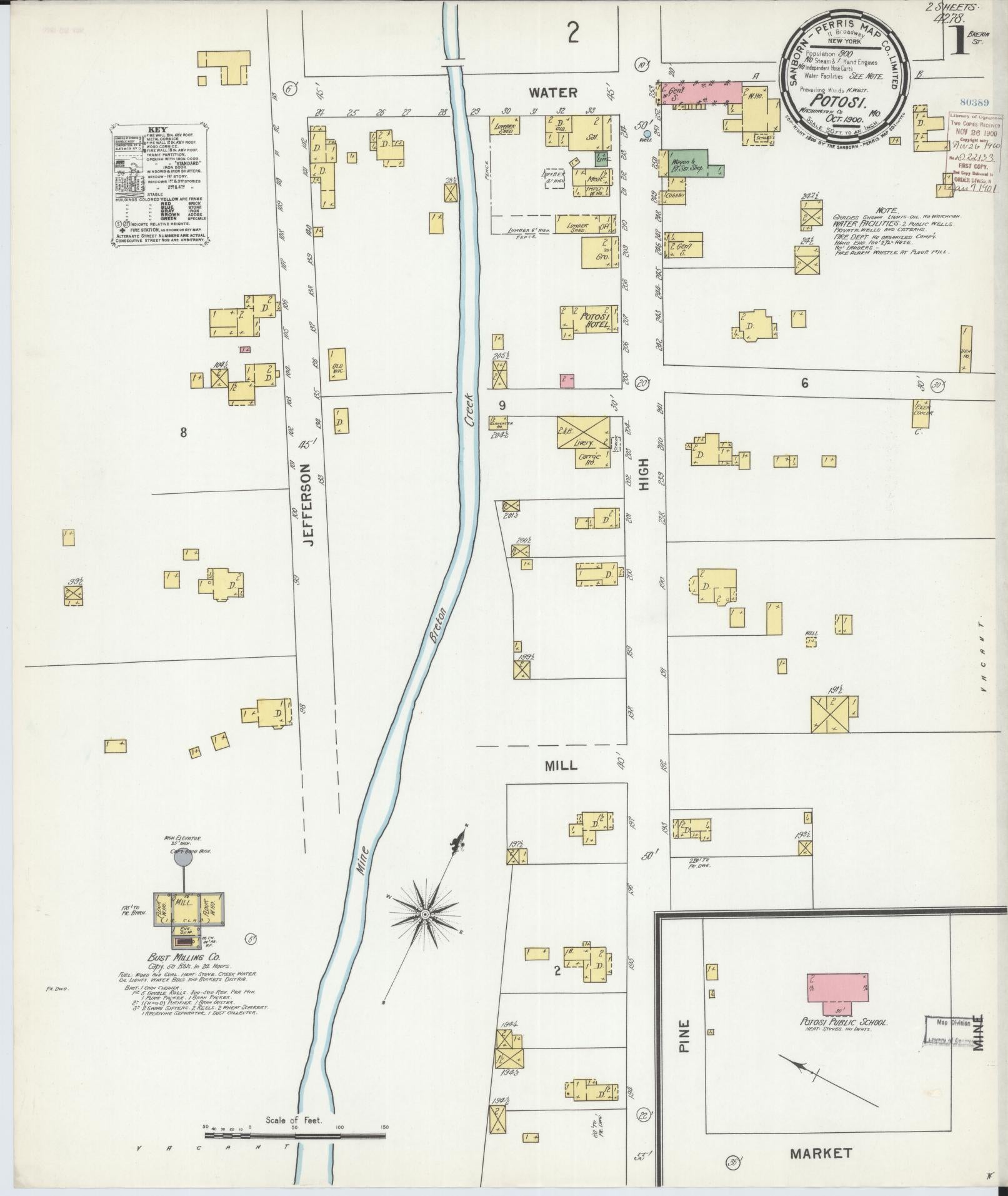 Sanborn Fire Insurance Map from Potosi, Washington County, Missouri (1900), Sheet #0001 - Historic Sanborn Fire Insurance Map Print, vintage old map wall art, antique decor, genealogy gift, Missouri Missouri map