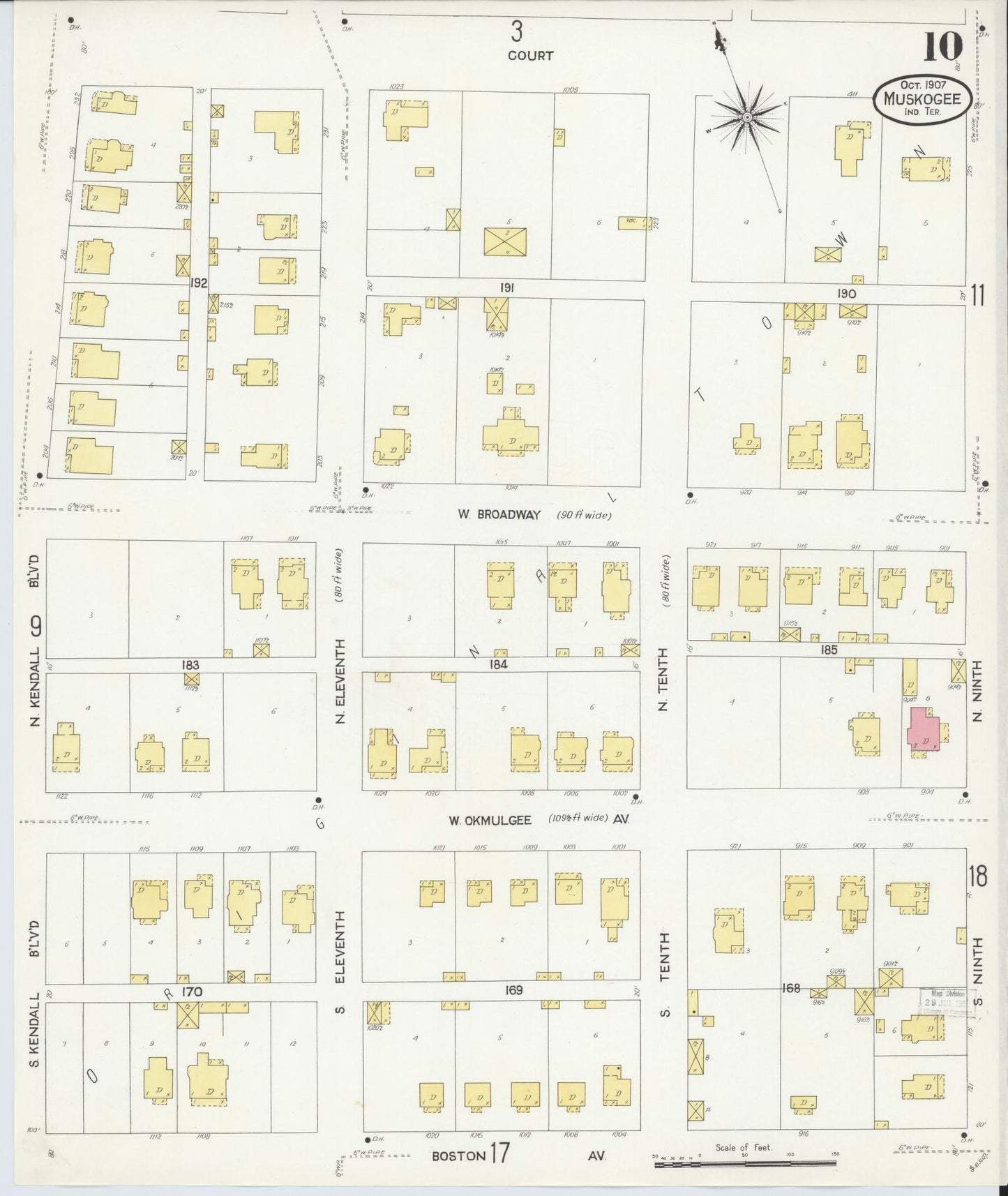 Sanborn Fire Insurance Map from Muskogee, Muskogee County, Oklahoma (1907), Sheet #0010 - Complete Map Set gallery image, historic Sanborn map, vintage wall art, Oklahoma Oklahoma