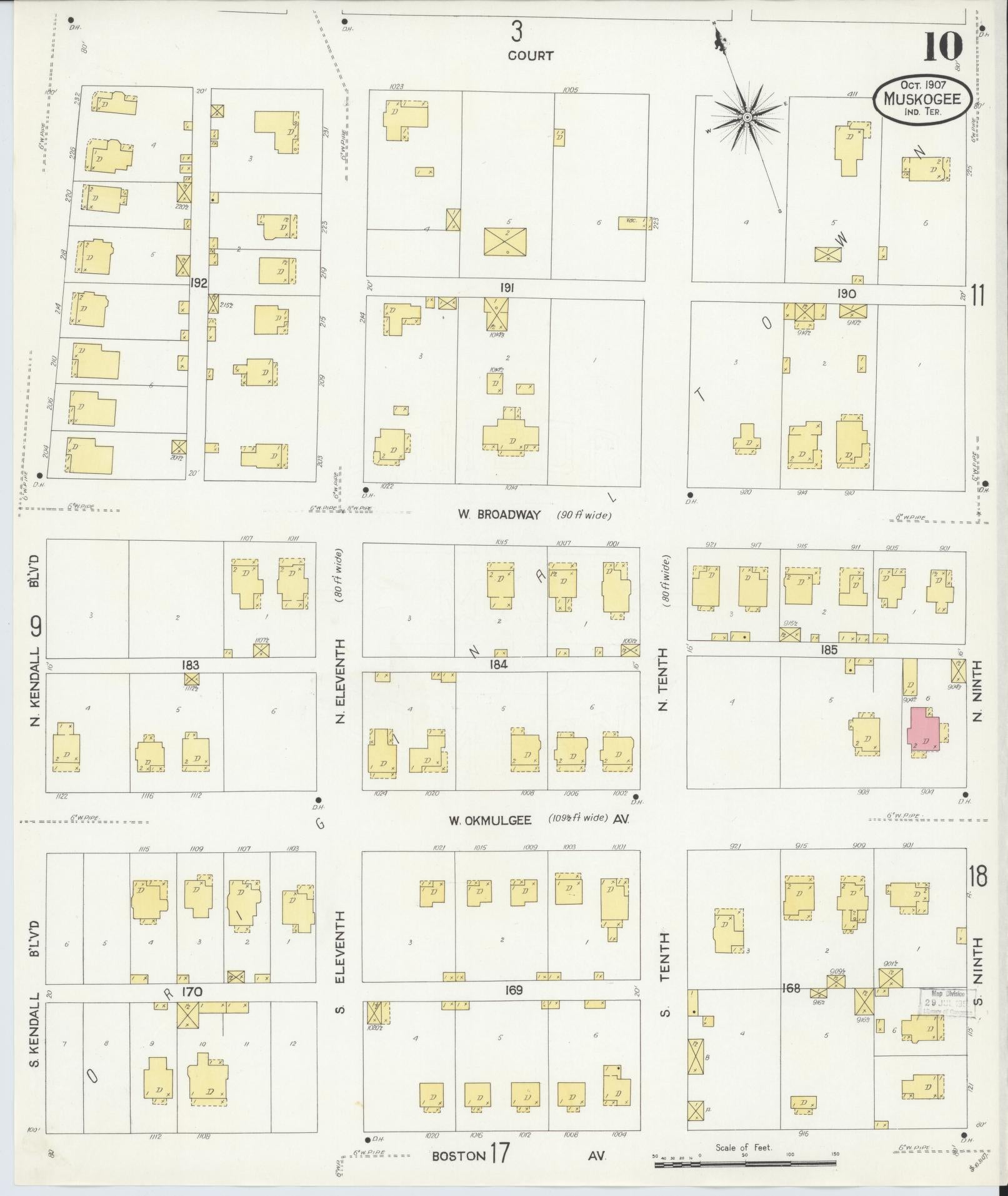 Sanborn Fire Insurance Map from Muskogee, Muskogee County, Oklahoma (1907), Sheet #0010 - Complete Map Set gallery image, historic Sanborn map, vintage wall art, Oklahoma Oklahoma