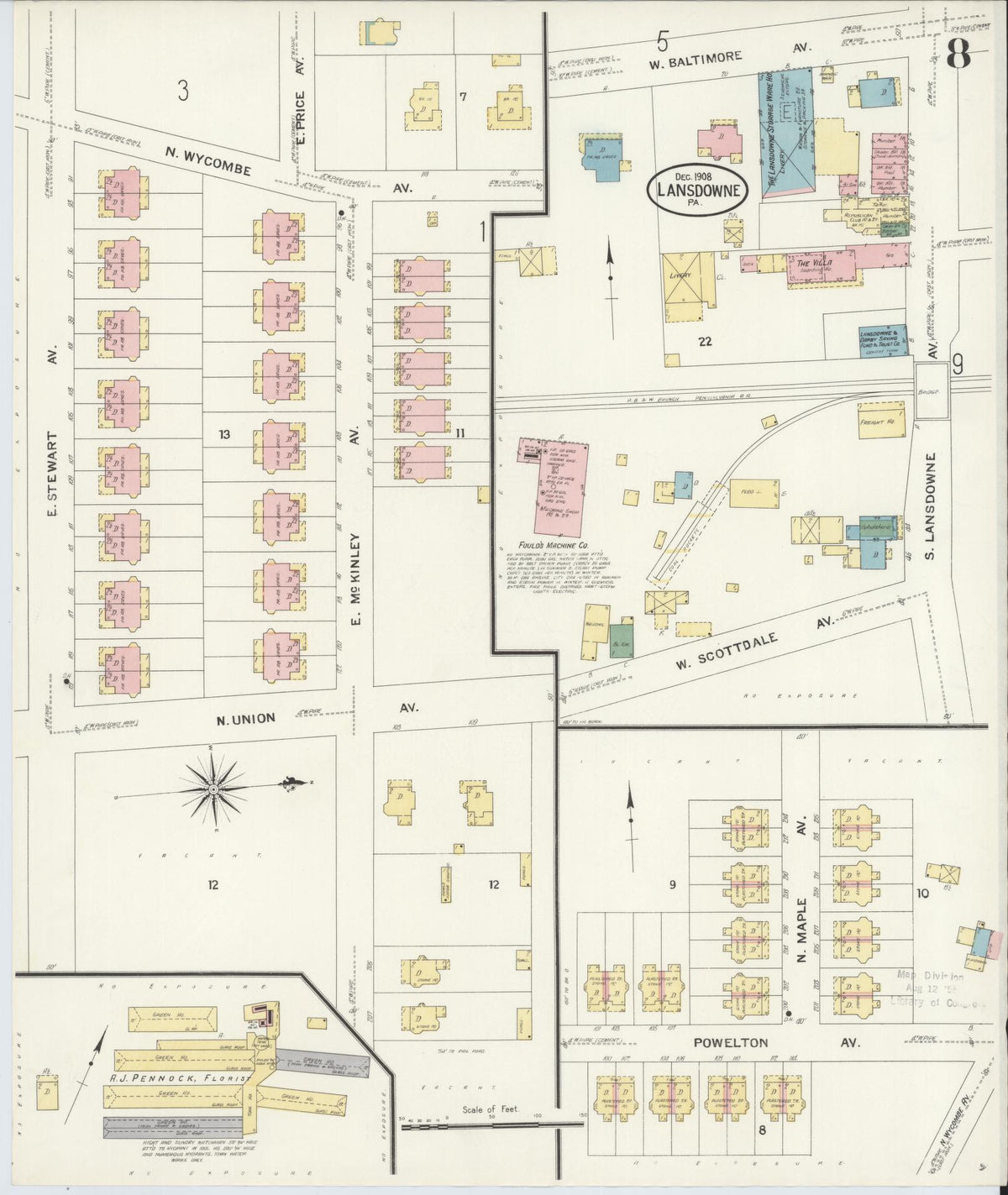 Sanborn Fire Insurance Map from Lansdowne, Delaware County, Pennsylvania (1908), Sheet #0008 - Historic Sanborn Fire Insurance Map Print, vintage old map wall art, antique decor, genealogy gift, Pennsylvania Pennsylvania map
