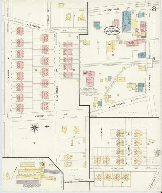 Sanborn Fire Insurance Map from Lansdowne, Delaware County, Pennsylvania (1908), Sheet #0008 - Historic Sanborn Fire Insurance Map Print, vintage old map wall art, antique decor, genealogy gift, Pennsylvania Pennsylvania map
