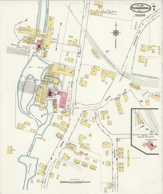 Sanborn Fire Insurance Map from Pascoag, Providence County, Rhode Island (1921), Sheet #0007 - Historic Sanborn Fire Insurance Map Print, vintage old map wall art, antique decor, genealogy gift, Rhode Island Rhode Island map