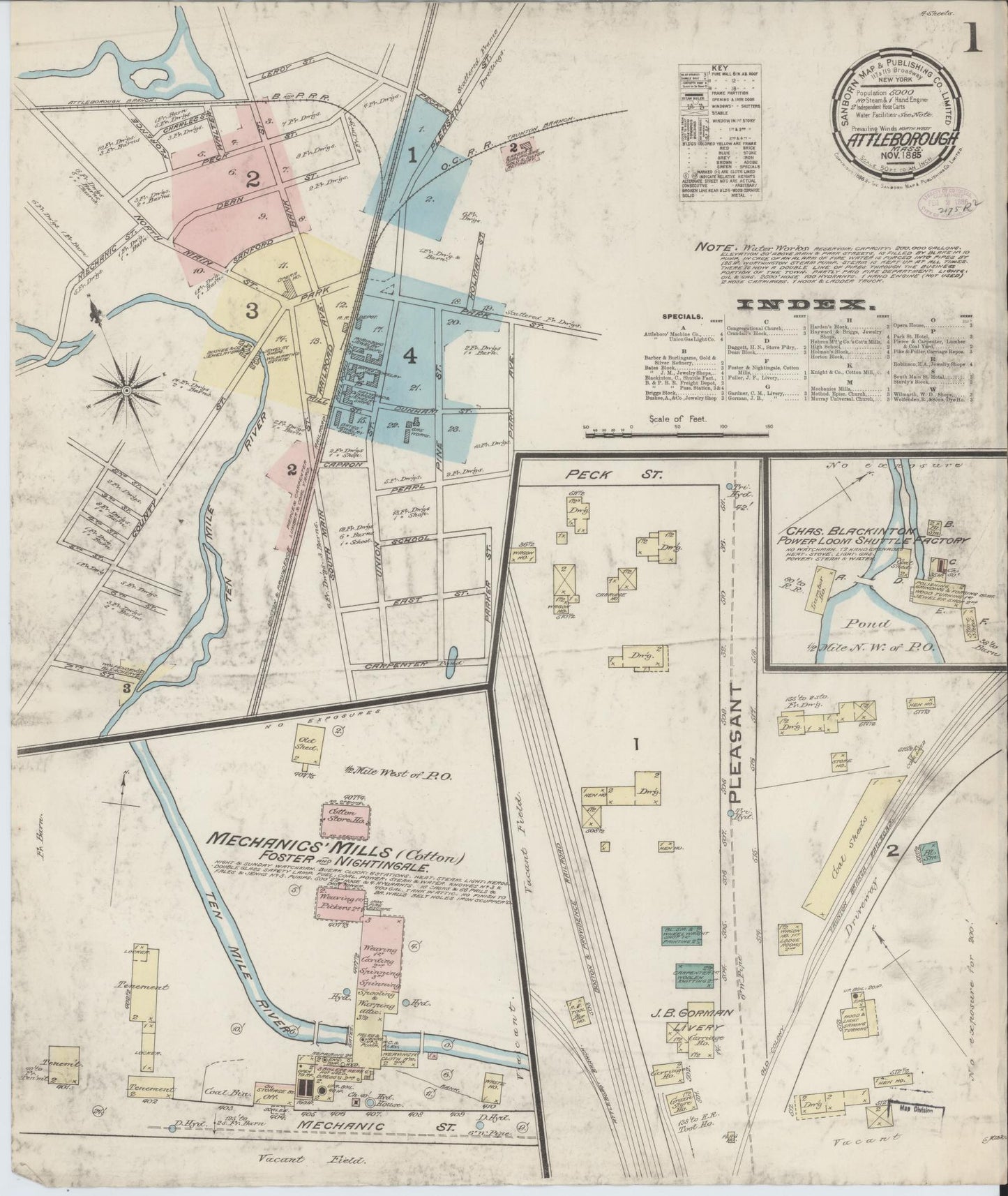 Sanborn Fire Insurance Map from Attleboro, Bristol County, Massachusetts (1885), Sheet #0001 - Historic Sanborn Fire Insurance Map Print, vintage old map wall art, antique decor, genealogy gift, Massachusetts Massachusetts map