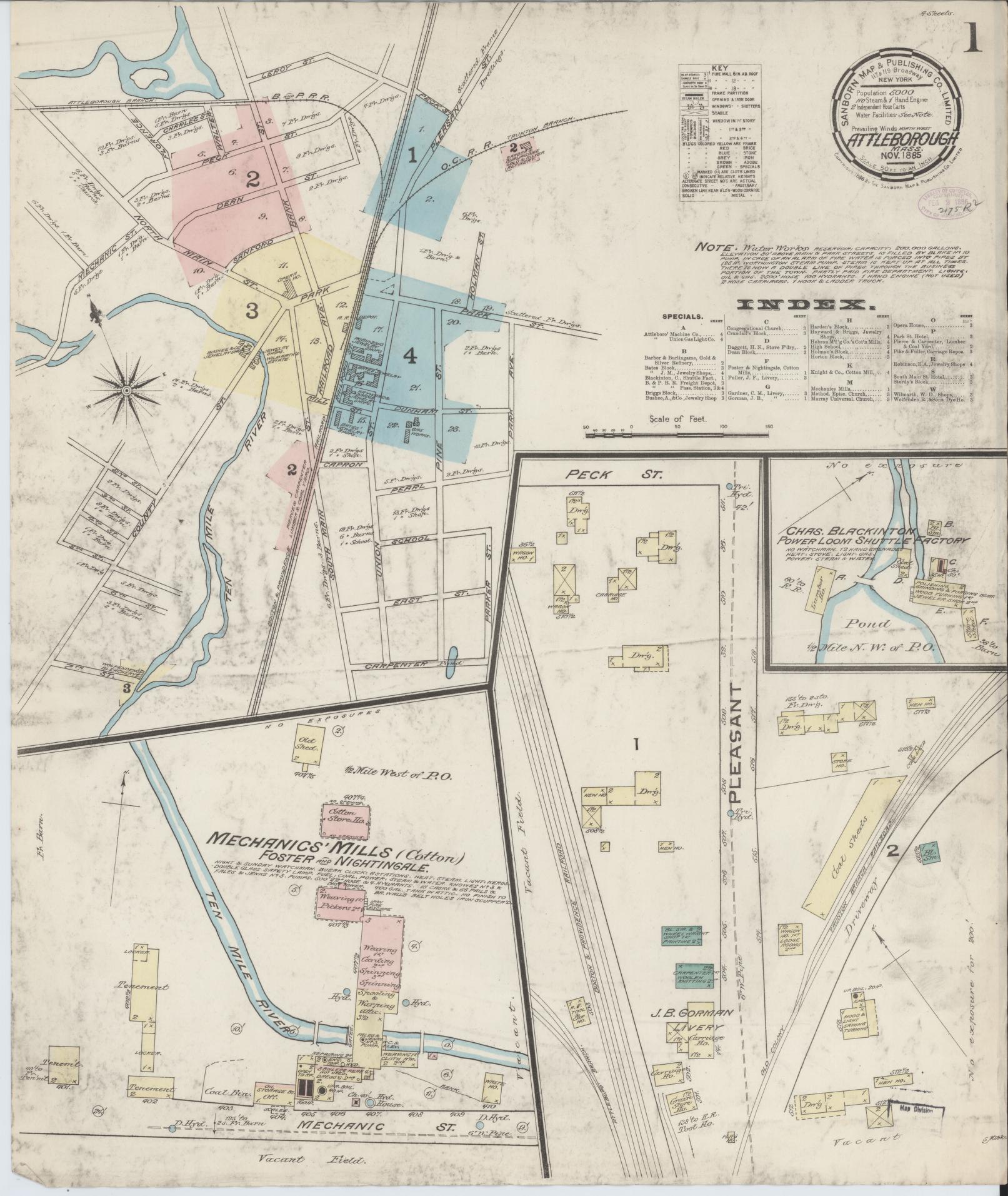 Sanborn Fire Insurance Map from Attleboro, Bristol County, Massachusetts (1885), Sheet #0001 - Historic Sanborn Fire Insurance Map Print, vintage old map wall art, antique decor, genealogy gift, Massachusetts Massachusetts map