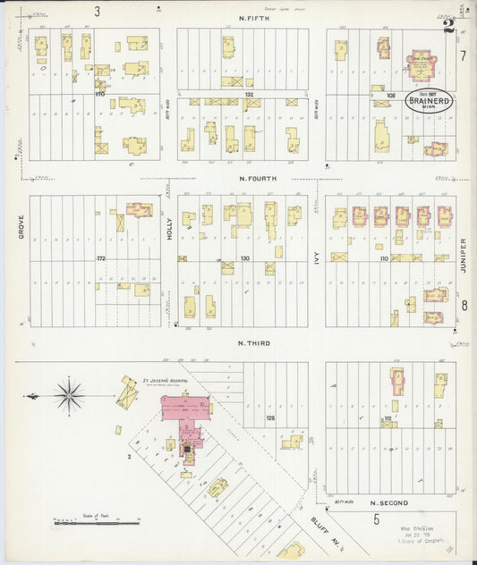 Sanborn Fire Insurance Map from Brainerd, Crow Wing County, Minnesota (1907), Sheet #0002 - Historic Sanborn Fire Insurance Map Print, vintage old map wall art, antique decor, genealogy gift, Minnesota Minnesota map