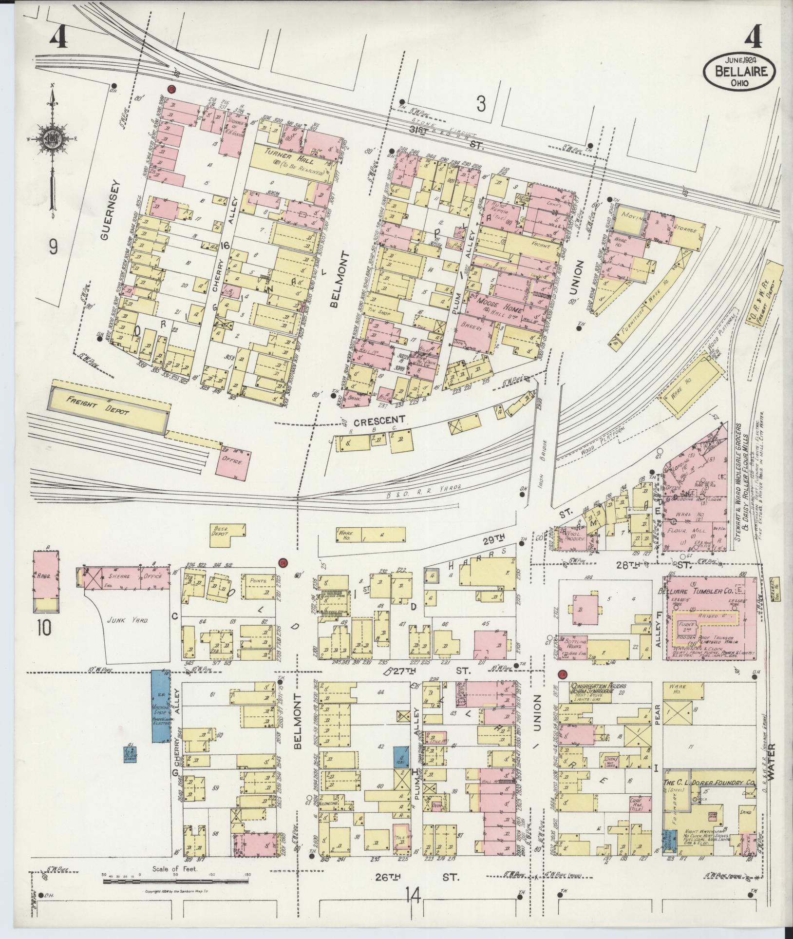 Sanborn Fire Insurance Map from Bellaire, Belmont County, Ohio (1924), Sheet #0004 - Historic Sanborn Fire Insurance Map Print, vintage old map wall art, antique decor, genealogy gift, Ohio Ohio map