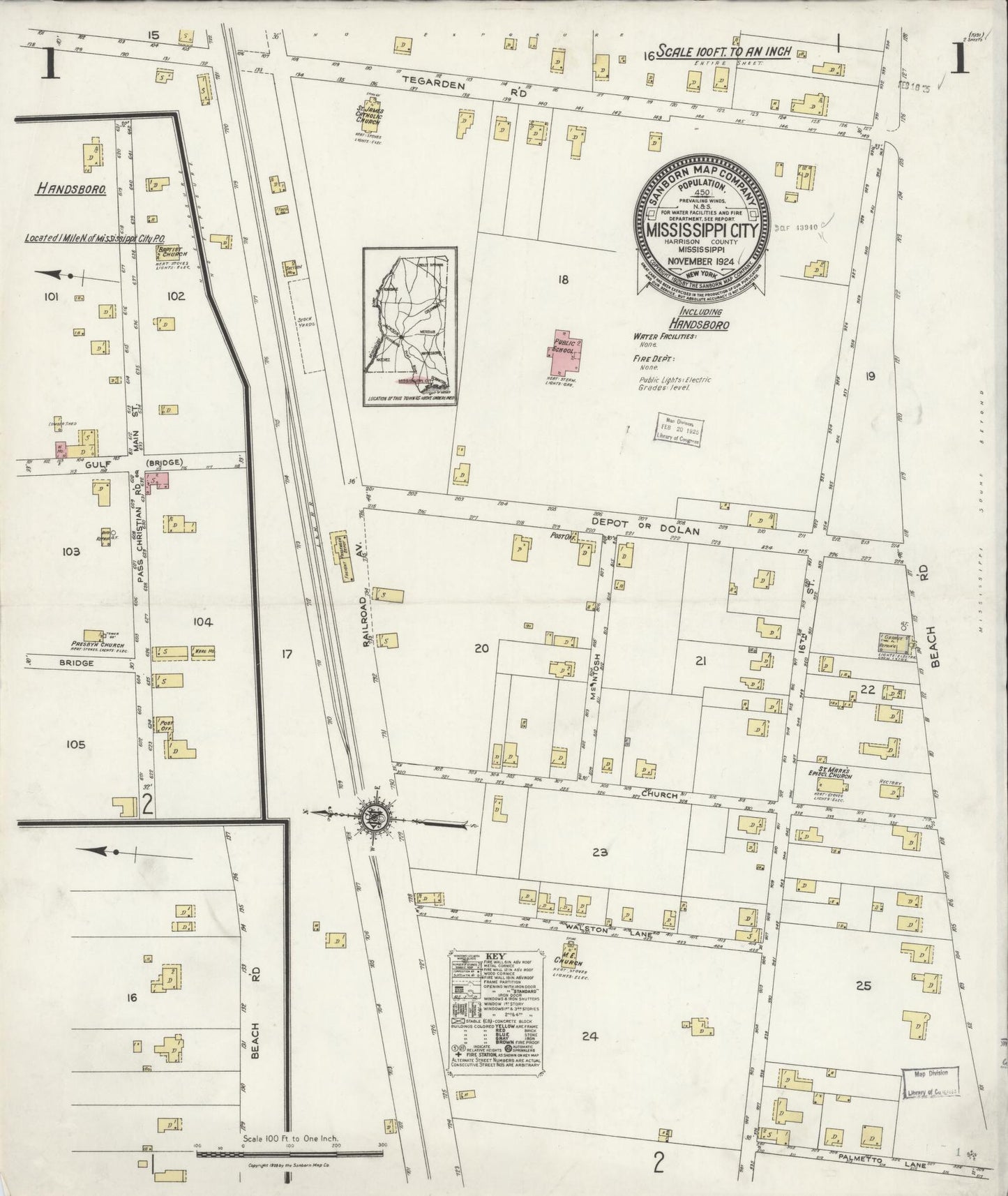 Sanborn Fire Insurance Map from Mississippi City, Harrison County, Mississippi (1924), Sheet #0001 - Complete Map Set gallery image, historic Sanborn map, vintage wall art, Mississippi Mississippi