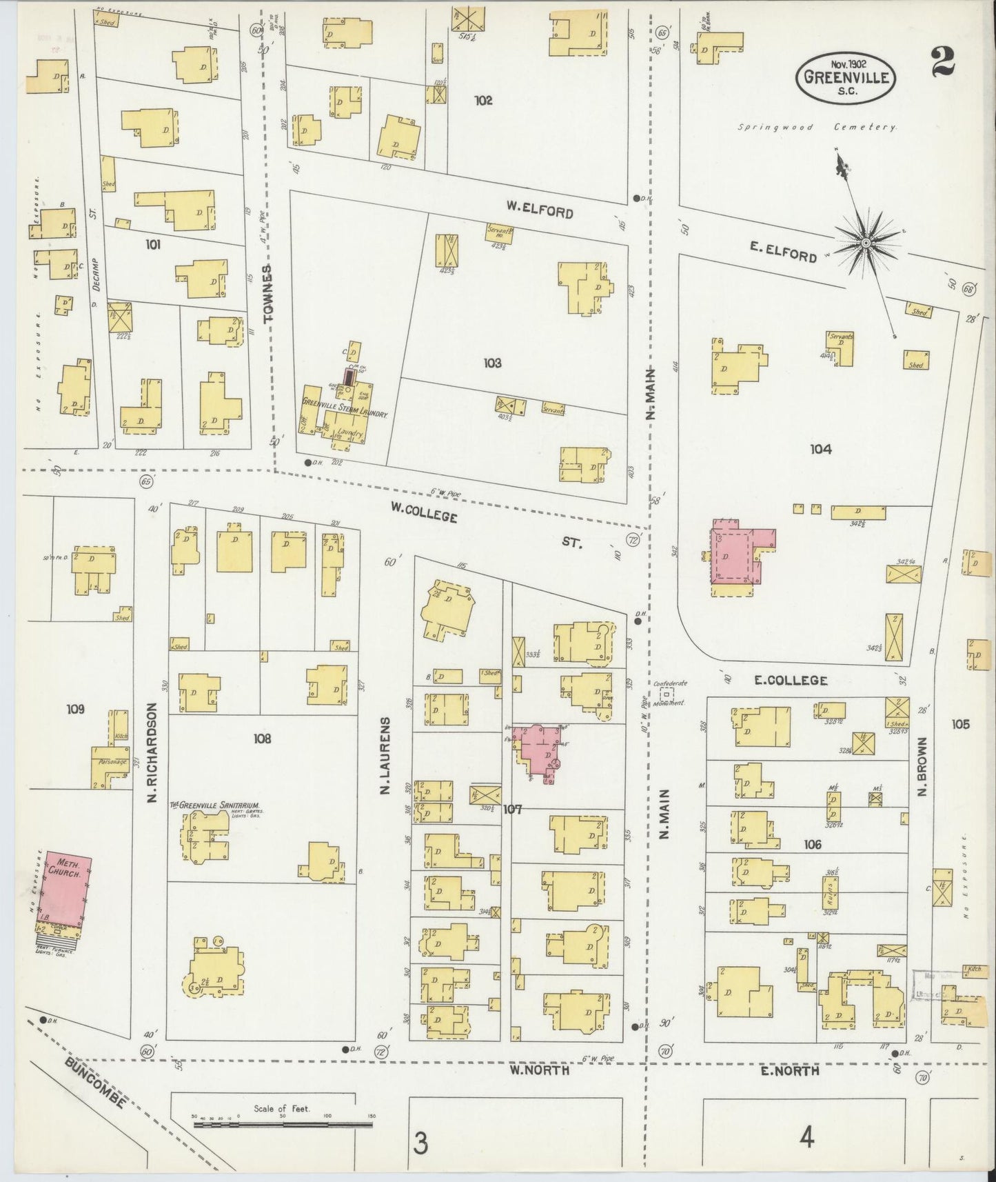 Sanborn Fire Insurance Map from Greenville, Greenville County, South Carolina (1902), Sheet #0002 - Complete Map Set gallery image, historic Sanborn map, vintage wall art, South Carolina South Carolina
