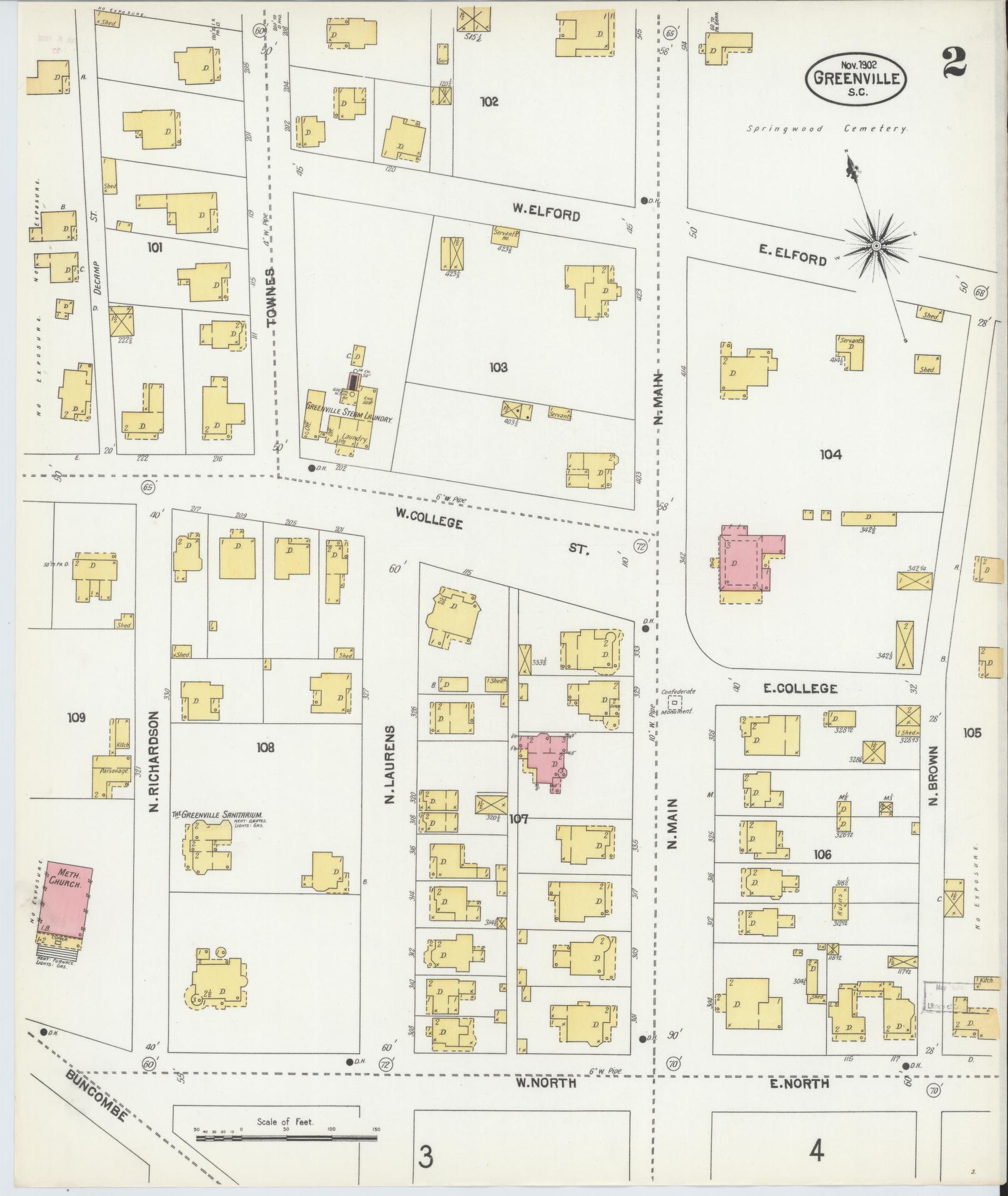 Sanborn Fire Insurance Map from Greenville, Greenville County, South Carolina (1902), Sheet #0002 - Complete Map Set gallery image, historic Sanborn map, vintage wall art, South Carolina South Carolina