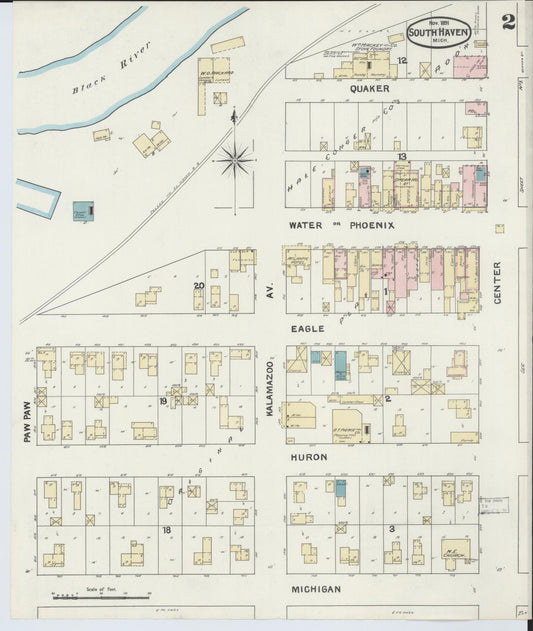 Sanborn Fire Insurance Map from South Haven, Van Buren County, Michigan (1891), Sheet #0002 - Historic Sanborn Fire Insurance Map Print, vintage old map wall art, antique decor, genealogy gift, Michigan Michigan map